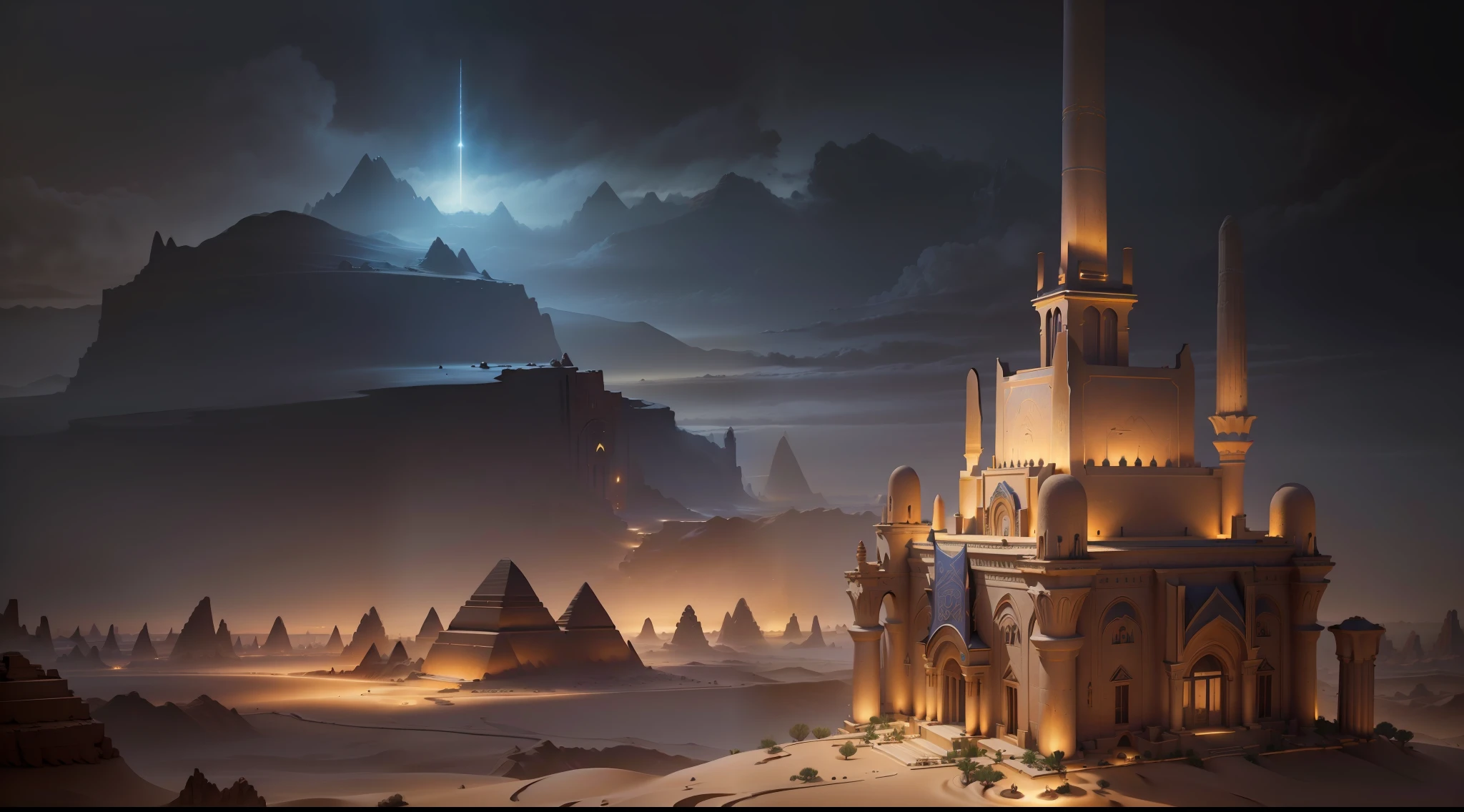 (((best quality))), (((masterpiece))), super fine photo, landscape picture Unreal Engine 5 8K UHD of desert, Egypt architects, fantasy design, fantasy world, Egyptian building, dark rainy cloud sky, unified 8k wallpaper, hyper detailed, sharp focus, dynamic picture
