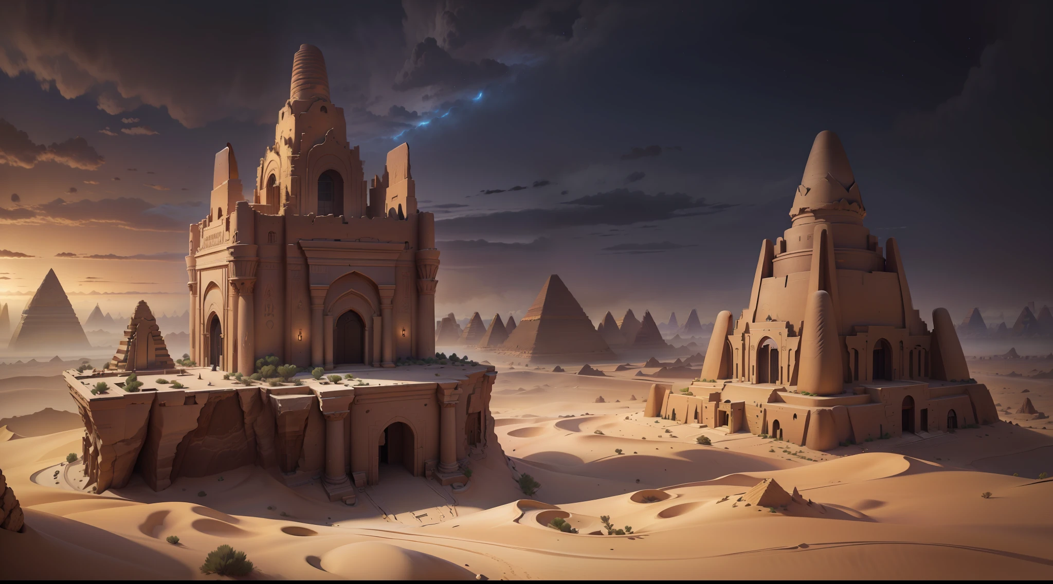 (((best quality))), (((masterpiece))), super fine photo, landscape picture Unreal Engine 5 8K UHD of desert, Egypt architects, fantasy design, fantasy world, Egyptian building, dark rainy cloud sky, unified 8k wallpaper, hyper detailed, sharp focus, dynamic picture
