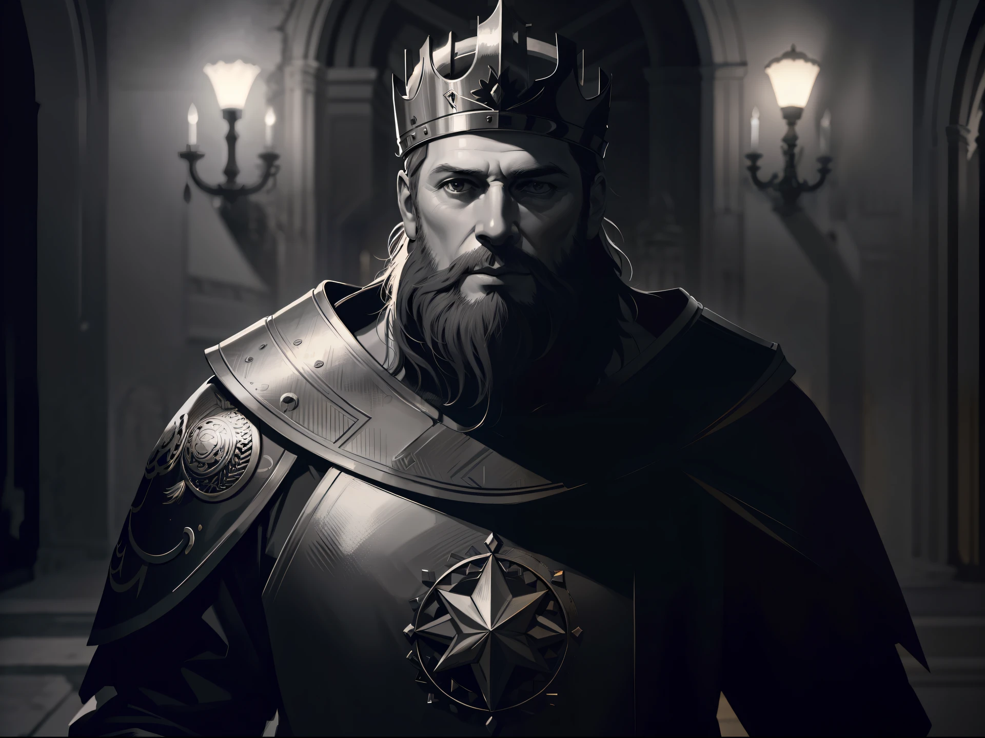best quality, 500px, cgsociety, 8k, raw photo of (beautiful:1.2) human king, wear king crown, king armor, 40yo, beard, in castle, full body, ambient light, backlight, volumetric lighting, realistic, realistic lighting, cinematic lighting, depth of field, sharp focus, (high contrast:1.2), (film grain)