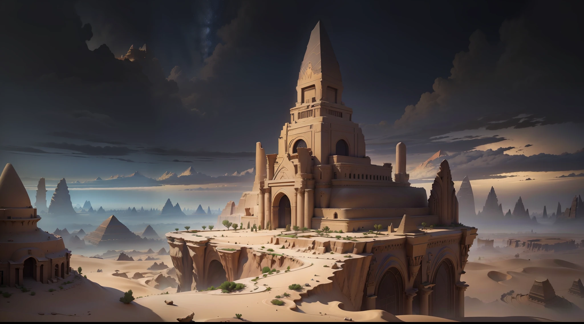 (((best quality))), (((masterpiece))), super fine photo, landscape picture Unreal Engine 5 8K UHD of desert, Egypt architects, fantasy design, fantasy world, Egyptian building, dark rainy cloud sky, unified 8k wallpaper, hyper detailed, sharp focus, dynamic picture