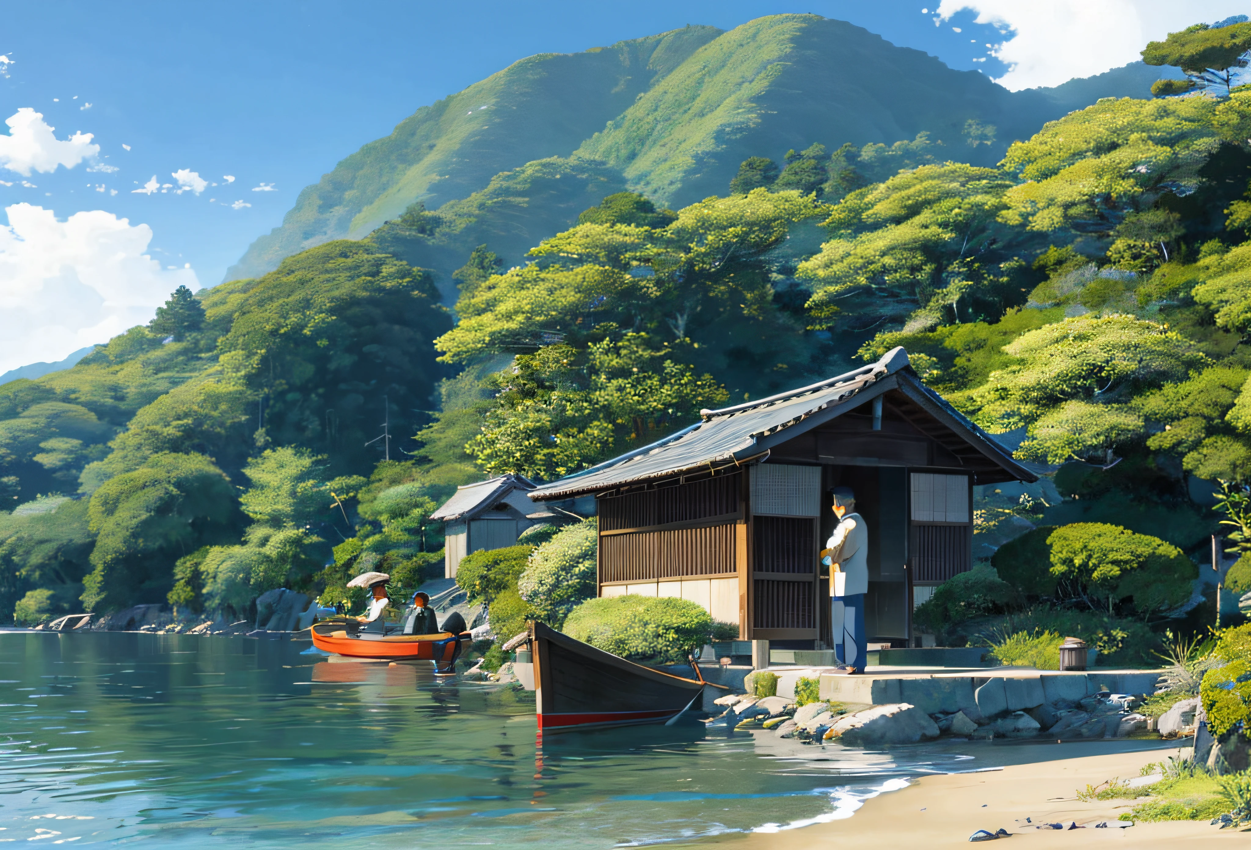 A serene coastal old Japanese village nestled between lush green hills and a sparkling blue ocean. Kojiro, the wise fisherman, sitting cross-legged on the boat, gazing contemplatively at the horizon, The young boy, Hiro, with eyes full of curiosity and wonder, standing at the edge of the shore, eager to learn from Kojiro. two person standing on shore with old vintage japanese boat