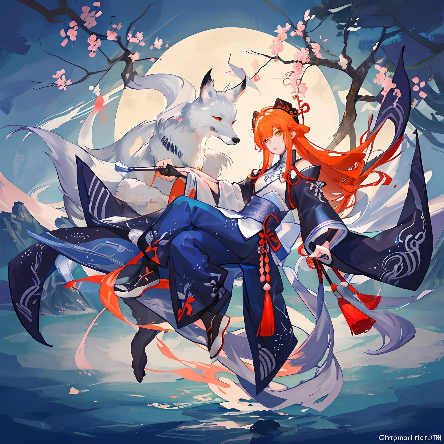 master part, Pintura soberba, (pintura a tinta chinesa), (illustration), (1 homem), ((Huge white fox demon behind you)), raposa, Classic of the Mountains and Seas, Chinese style, (ancient chinese means), (Estilo Russ Mills), (cabelos cacheados), (messy orange hair), (pele branca), (olheiras), (orelhas de raposa), Pescador, (pelo roxo), Dinastia Tang, verde, Hiroshi Yoshida, (fundo da planta Sakura com chuva), (Chiaroscuro), detalhe fino do rosto, detalhe do rosto, Cinematic lighting, (profundidade de campo), UHD, ( corpo todo)