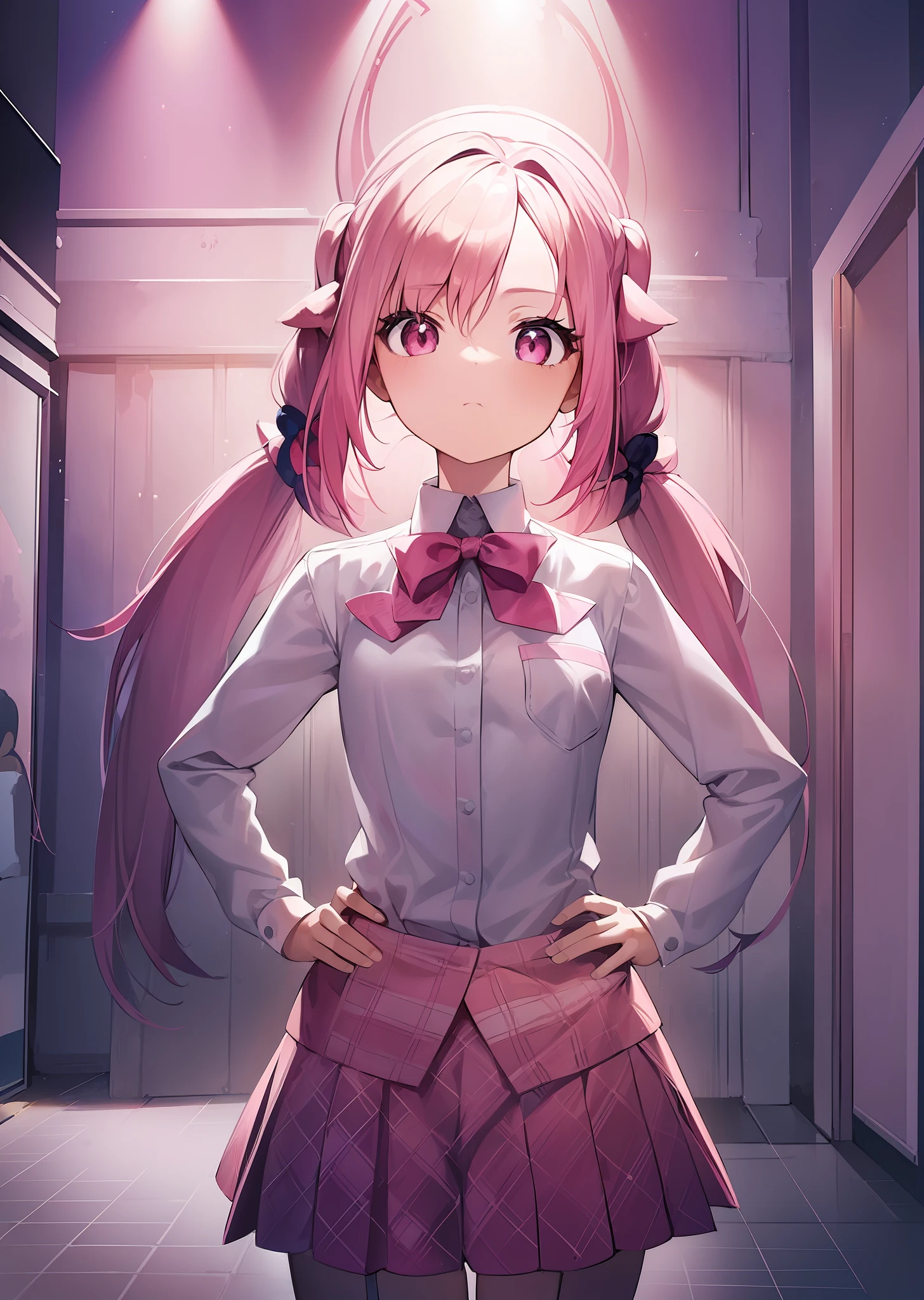 1girl. pink hair.long hair.twintails.{}.(short stature).small breast.white t-shirts.skirt. (((masterpiece))).(((best quality))).)((ultra-detailed))).(((illustration))). (((put your hands on your hips))).(((night view))).(((1girl))).