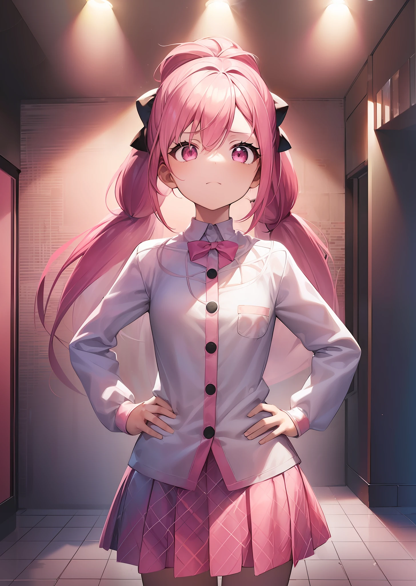 1girl. pink hair.long hair.twintails.{loli}.(short stature).small breast.white t-shirts.skirt. (((masterpiece))).(((best quality))).)((ultra-detailed))).(((illustration))). (((put your hands on your hips))).(((night view))).(((1girl))).