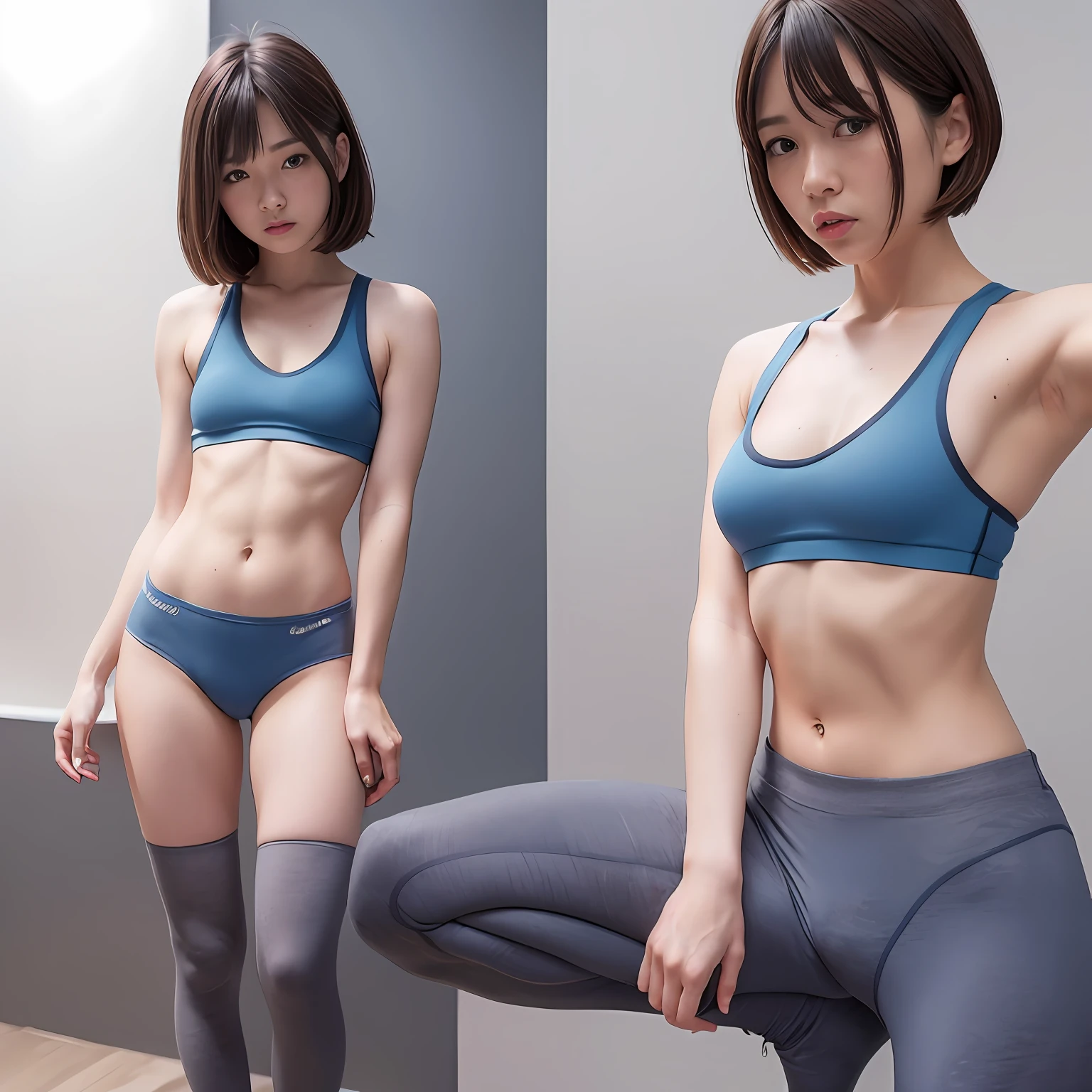 (Solo), (a detailed full-body RAW photo of a girl), (masutepiece:1.0), (Best Quality:1.4), (超A high resolution:1.2), (Photorealistic:1.4), 8K resolution, Canon EOS R5, 50 millimeters, absurderes, ultra-detailliert, (30 year old), Nipple Focus, Cinematic lighting, Detailed beautiful face, (no-makeup:1.2), (ulzzang -6500-v1.1), petite figure, Detailed skin texture, (flat chest:1.4), (skinny and fit body:1.6), Detailed brown hair,  sweltering,(Very short hair:1.5), See Through wear, (Blue and gray thin athletic wear:1.5), More transparent, low rise, realistic glistening skin, Detailed texture, (No bra:1.5), stylish pose, (:0.2), Very small, Cameltoe, well-developed abs, erect nipples,