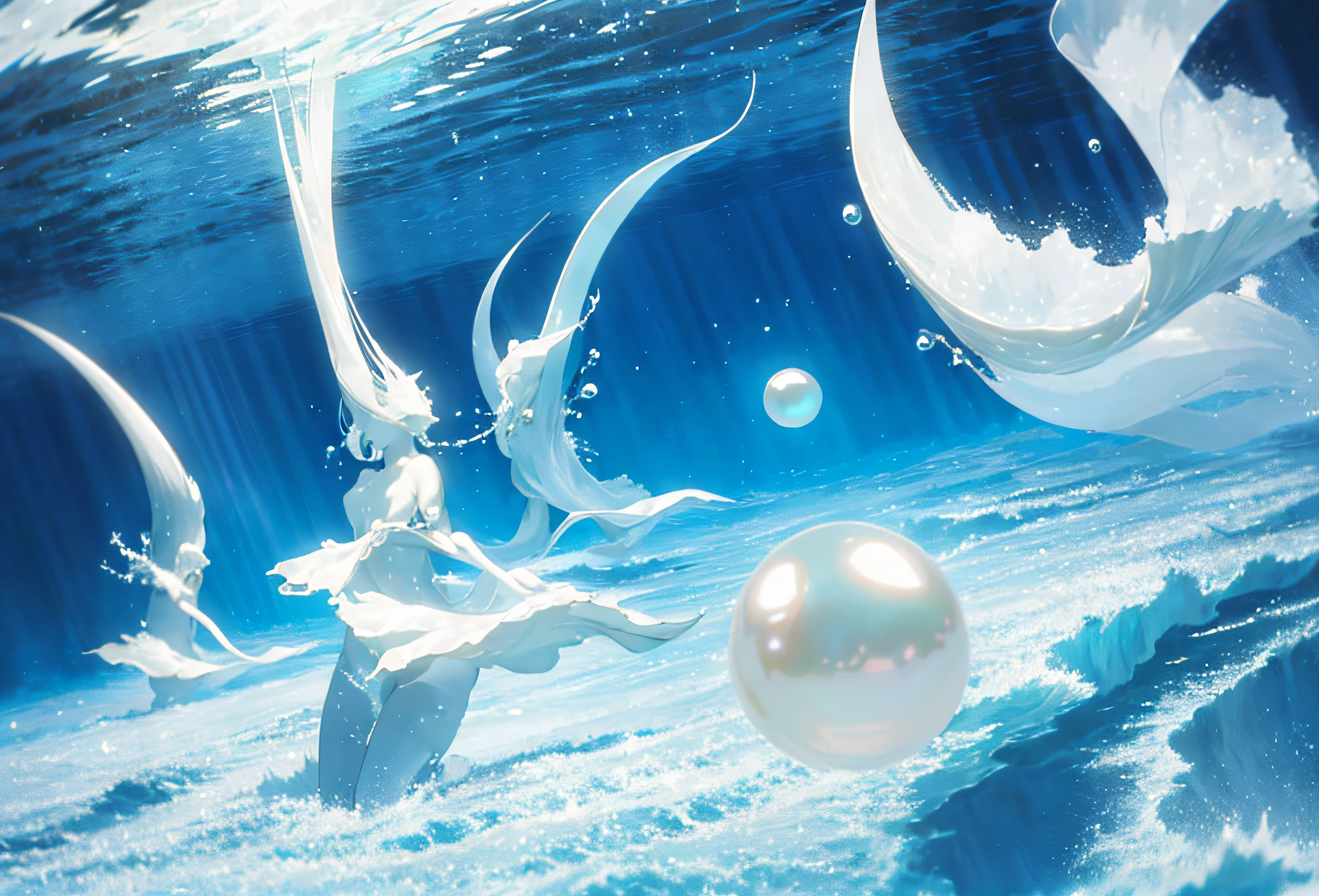 "The ethereal glory of the mythical Lost Pearl, bathed in a soft, otherworldly luminescence, hidden within the unfathomable depths of the ocean."