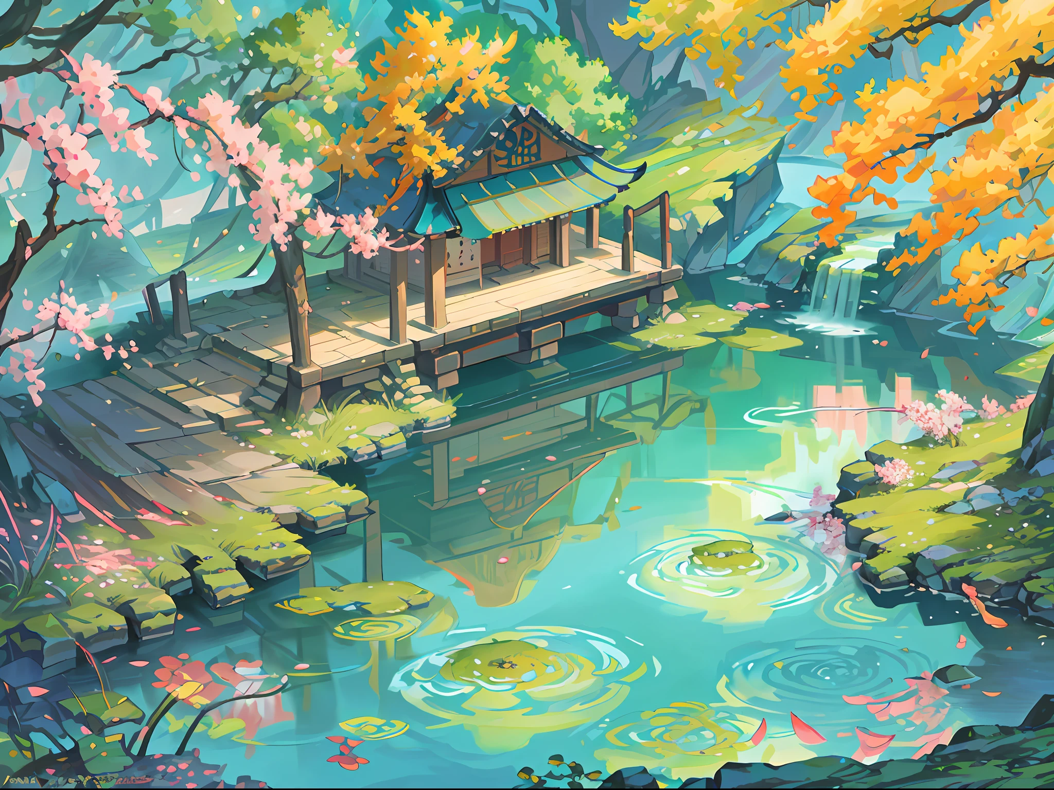Chinese ancient times, spring, jungle, lake, cave, waterfall, tree, meadow, rock, deer, hot spring, water vapor, (illustration: 1.0), epic composition, realistic lighting, HD details, masterpiece, best quality, (very detailed CG unified 8k wallpaper)