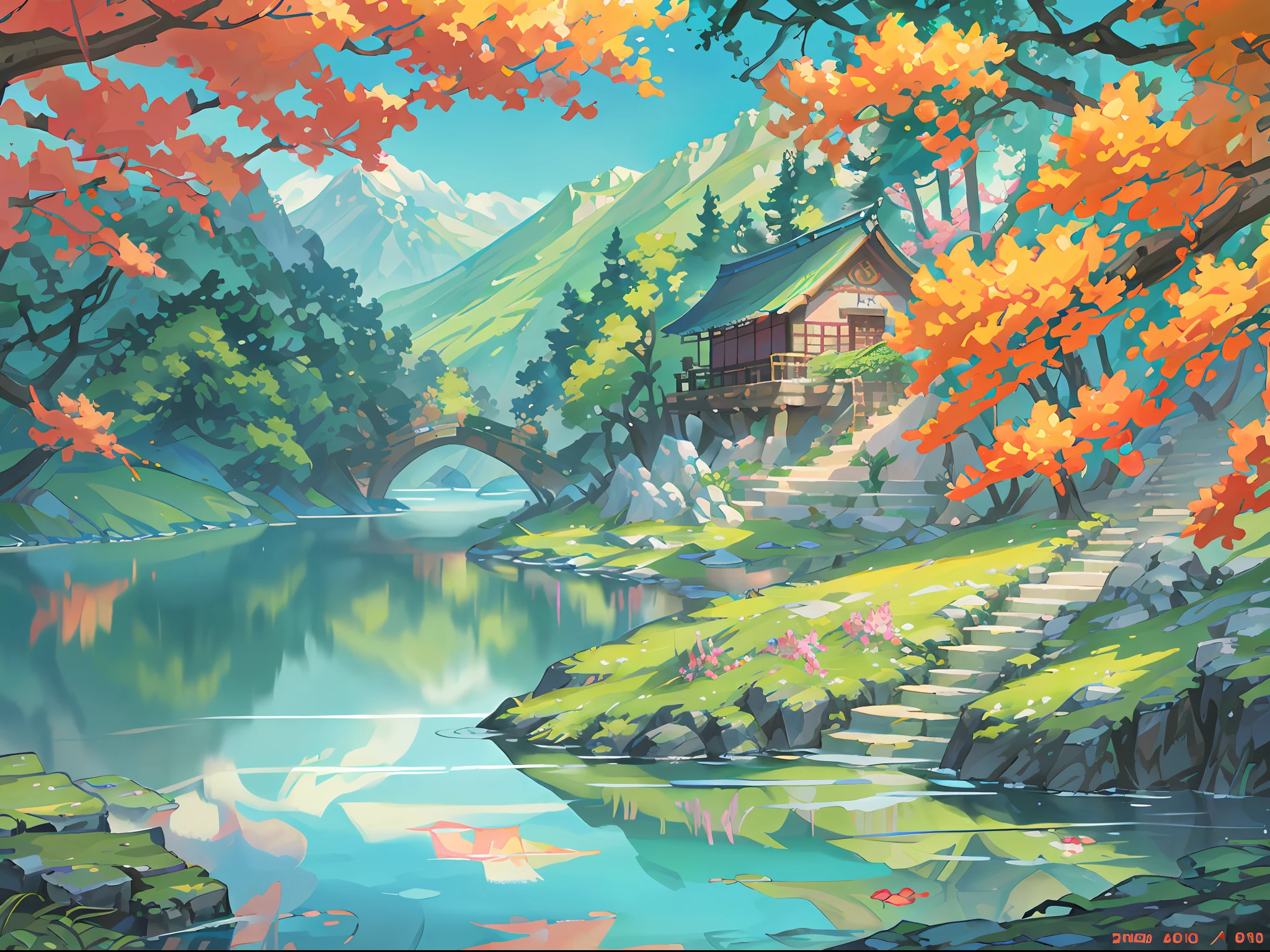 Chinese ancient times, spring, jungle, lake, cave, waterfall, tree, meadow, rock, deer, hot spring, water vapor, (illustration: 1.0), epic composition, realistic lighting, HD details, masterpiece, best quality, (very detailed CG unified 8k wallpaper)