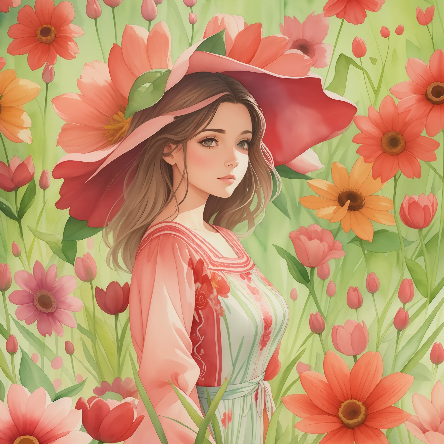 pintura de uma mulher em um vestido vermelho caminhando por um campo de flores, watercolor beautiful illustration