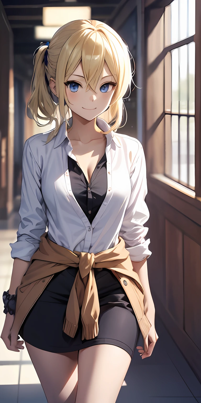 2d, masterpiece, best quality, anime, highly detailed, cowboy shot, 1girl, solo, hayasaka ai, blue eyes, blonde hair, black dress, white shirt, cardigan around waist, blue scrunchie, standing, indoors, hallway, smile