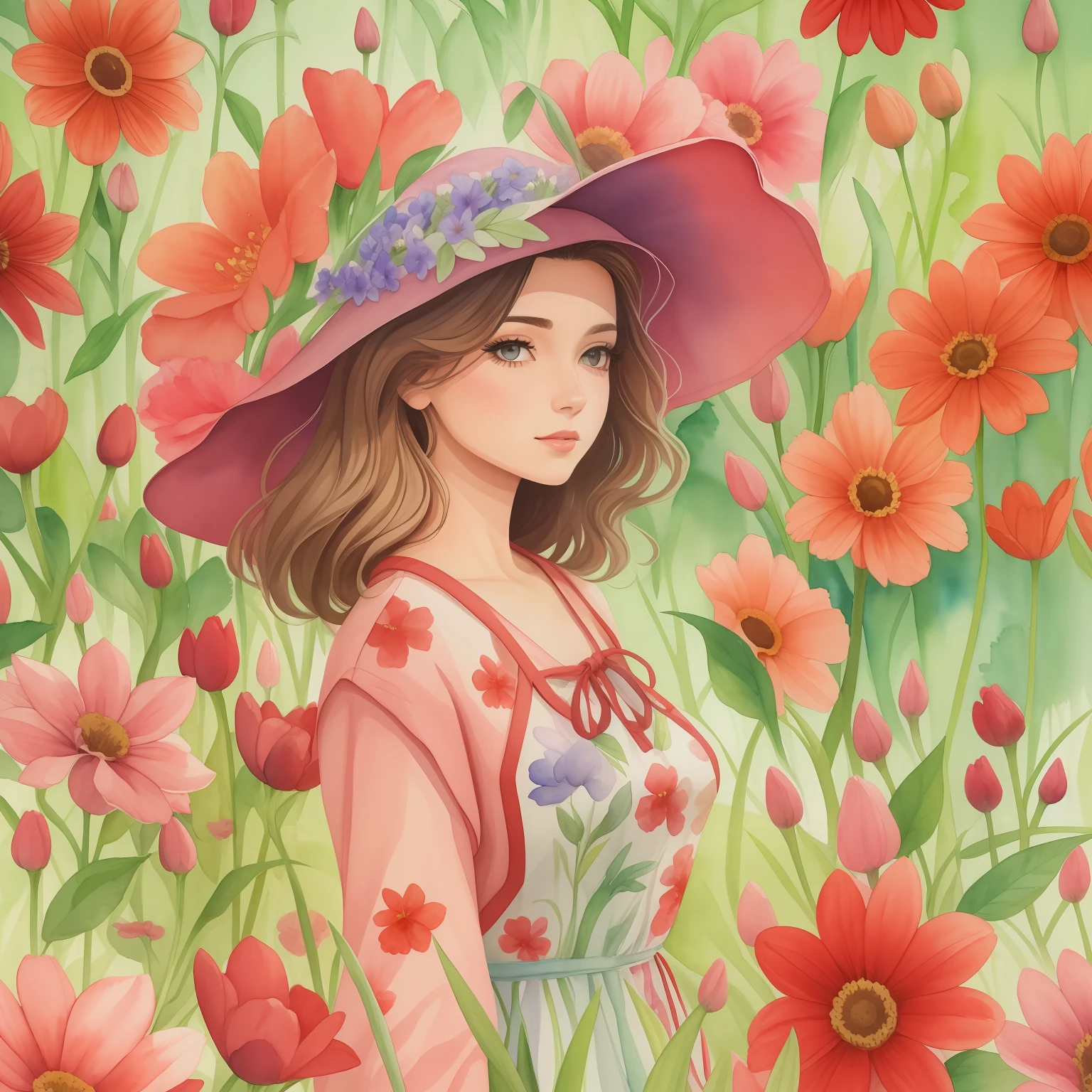 pintura de uma mulher em um vestido vermelho caminhando por um campo de flores, watercolor beautiful illustration