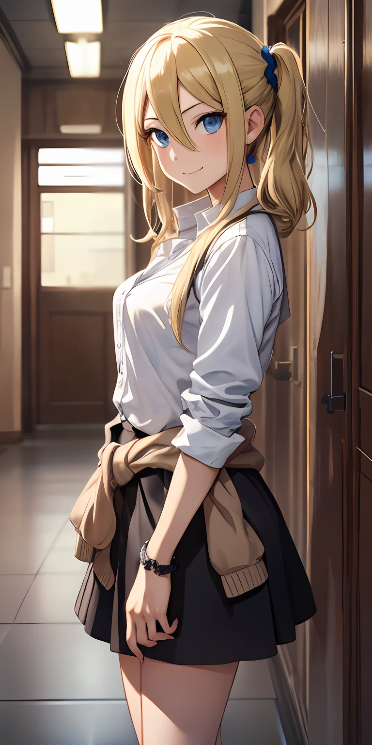 2d, masterpiece, best quality, anime, highly detailed, cowboy shot, 1girl, solo, hayasaka ai, blue eyes, blonde hair, black dress, white shirt, cardigan around waist, blue scrunchie, standing, indoors, hallway, smile