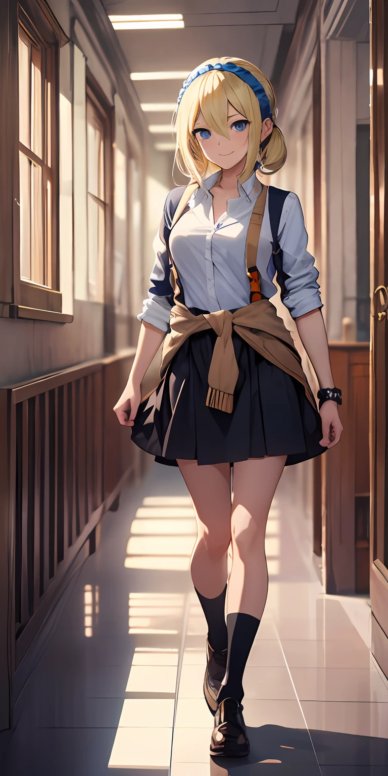 2d, masterpiece, best quality, anime, highly detailed, cowboy shot, 1girl, solo, hayasaka ai, blue eyes, blonde hair, black dress, white shirt, cardigan around waist, blue scrunchie, standing, indoors, hallway, smile