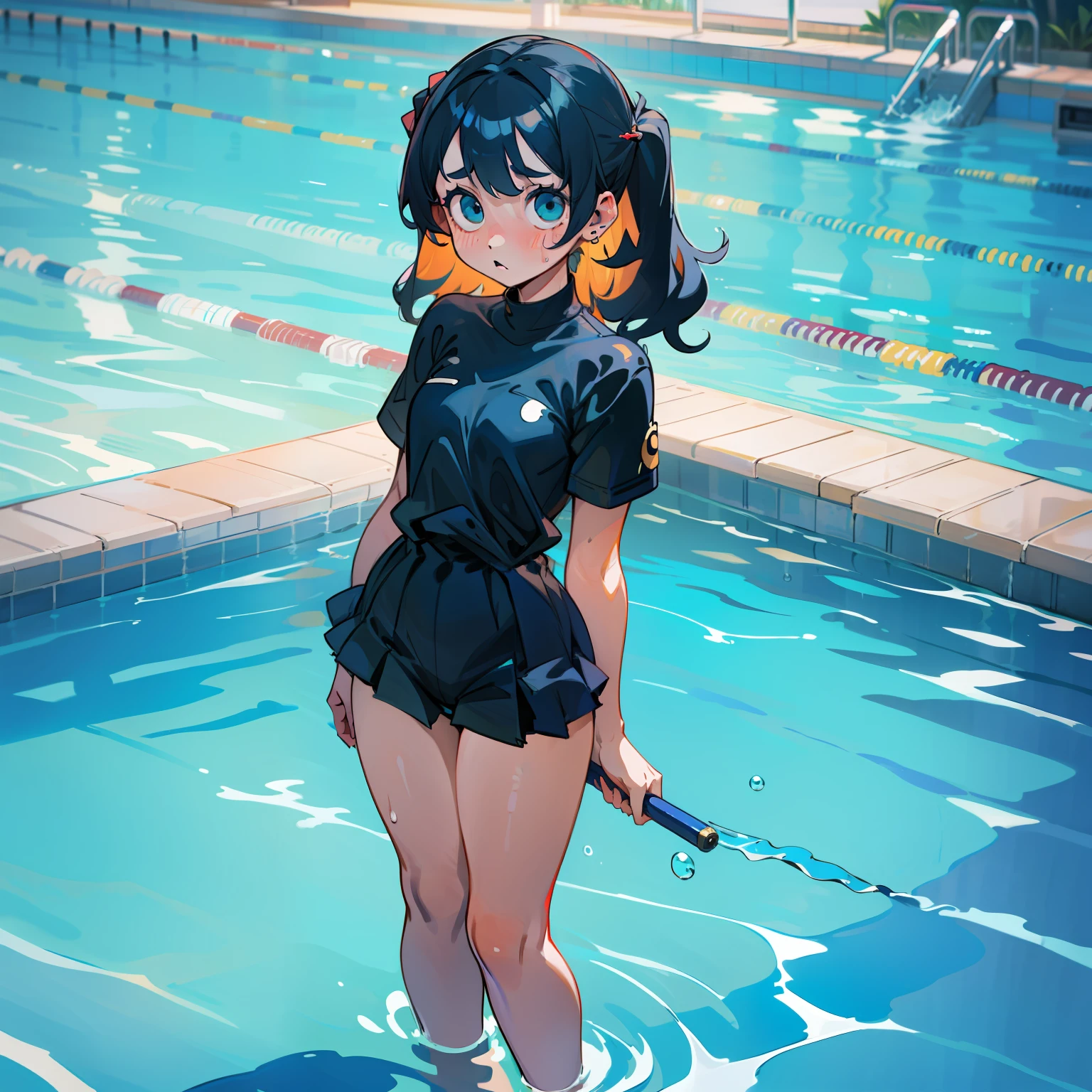 1 Girl, Watery Big Eyes*Sukumizu*Wet Hari*Hair Spread Out*Ear Stud*Swimming Pool, lora:add_detail, big chest, thick legs, big thighs, standing