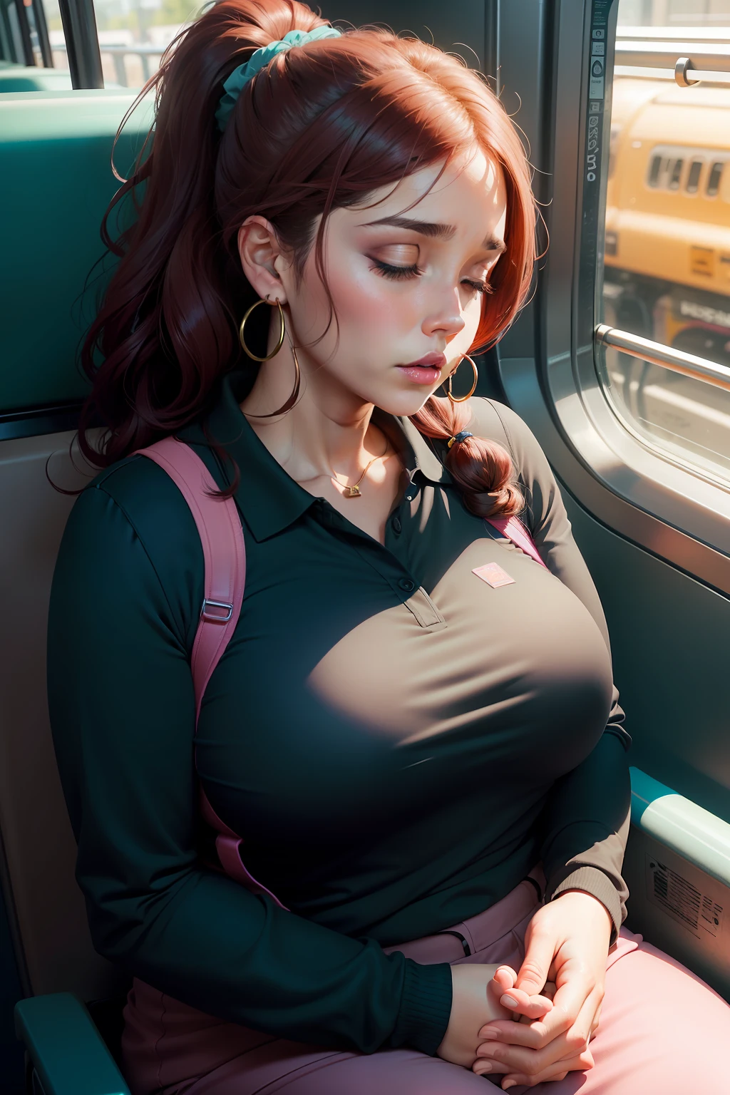 1 beautiful woman, large body, chubby, brunette lady, 40-year-old lady, eyes closed, Latina woman, face made up, long eyelashes, short ponytail, red hair on the ends, eyelids made up, eyelids outlined with makeup, mouth open , Zero-sleeve pink polo shirt, Turquoise pants, small hoop-shaped earrings, black bag, asleep with her mouth open, asleep leaning on the train seat, arms down, head bowed, nodding.