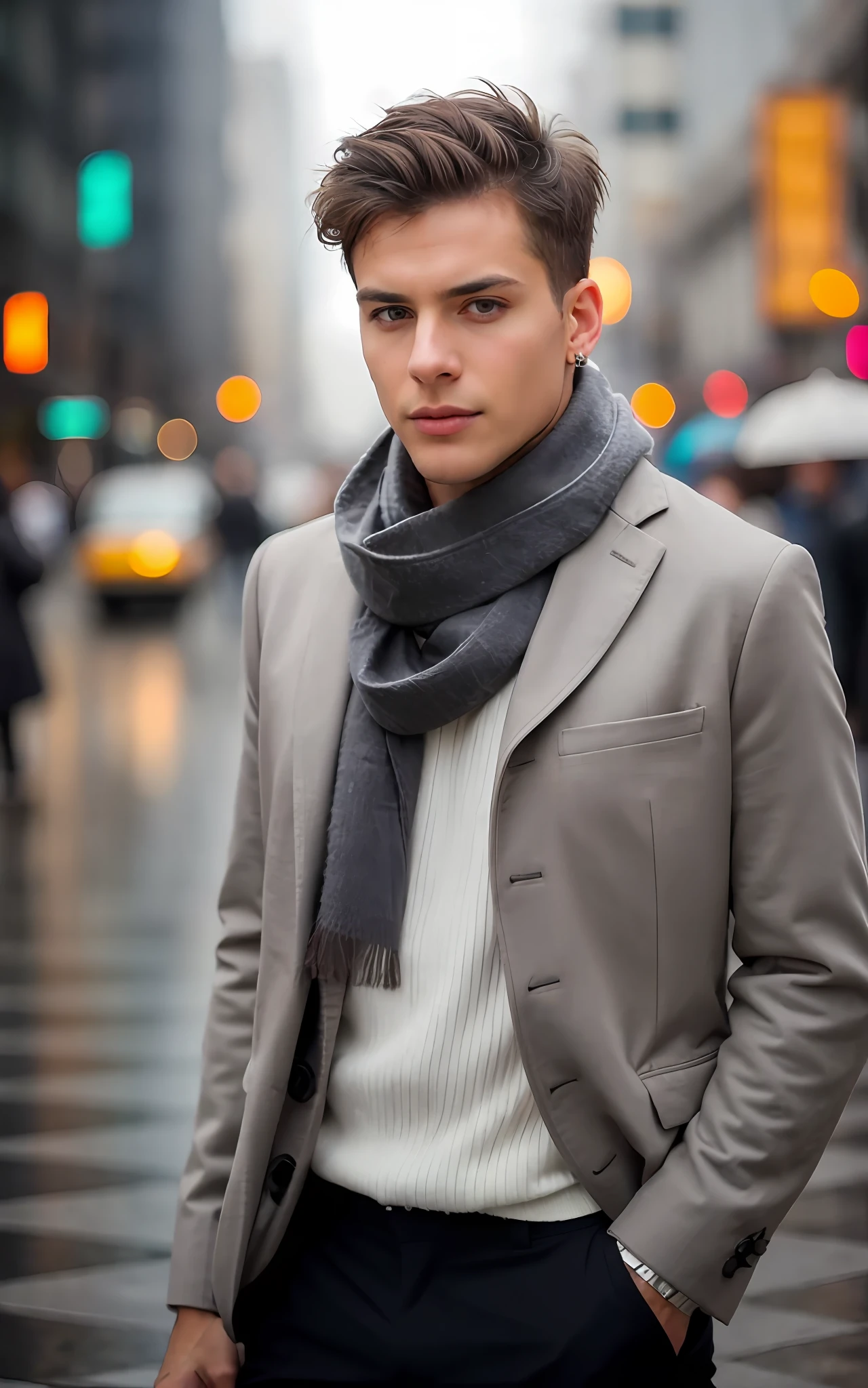 best quality, front look, ultra photorealistic, photorealism, 8k, photograph, photo of a young man, jacket, ear studs, gray scarf, sweater, short windswept light brown hair, fit, beautiful, (effeminate), (shaved), eyeliner, standing on the walkway, background is a crowded street, bokeh, rain, humid, overcast, artificial lights, detailed face and eyes, higly detailed skin, 8k uhd, sharp focus, professional, best quality