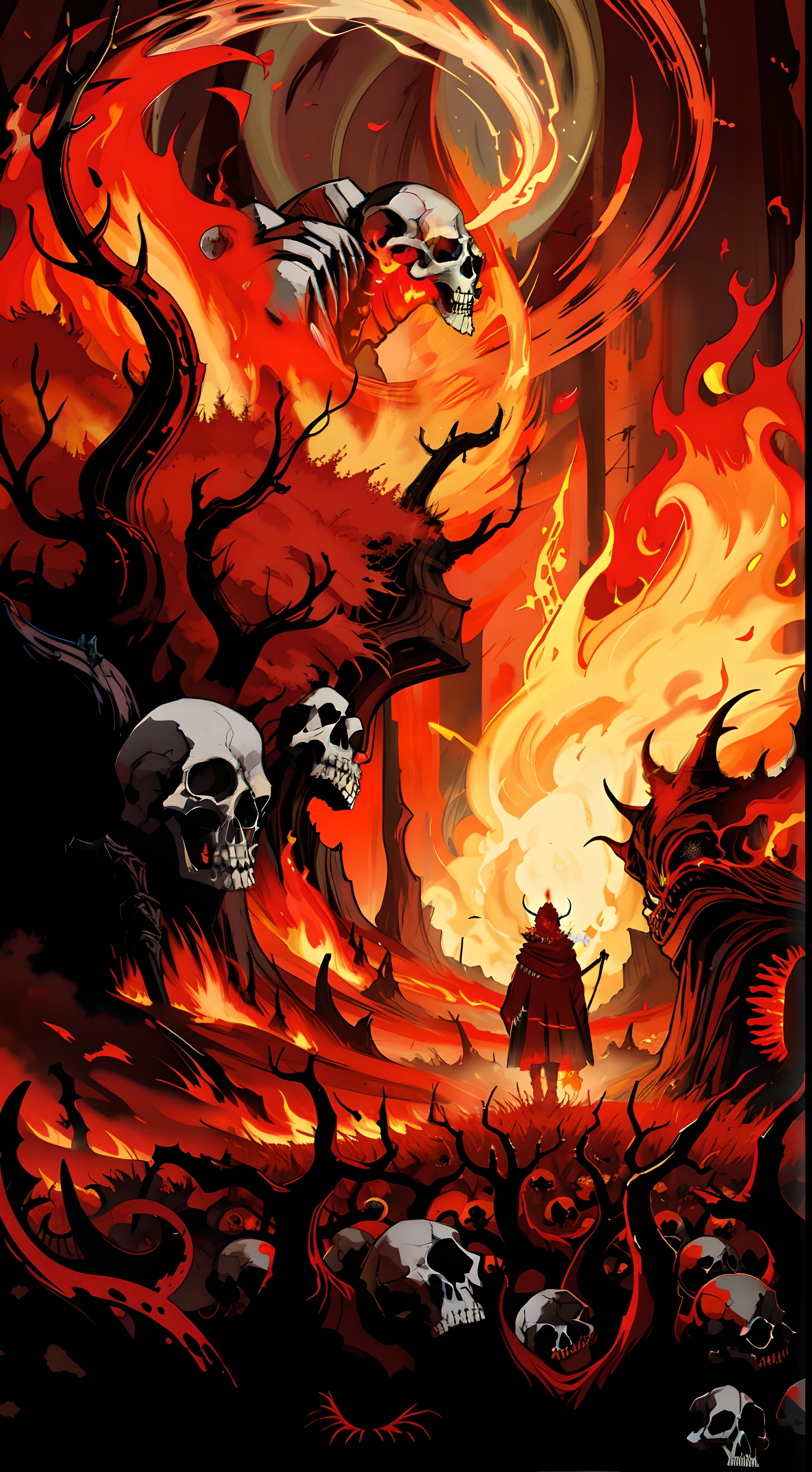 The image, digital illustration like oil realistic painting, depicts a man in the hell, standing in front of a field of skulls, horror-fantasy, vlack famtasy, inferno, chaotic beautiful, surrounded by flames and smoke.This artwork is a surreal dark fantasy painting. It depicts a man standing in front of a burning forest surrounded by a large number of skulls. The man is wearing a red robe and holding a staff in his hand, and he is standing in front of a large number of skulls on the ground.The colors used in this image are red, black and white.( hyper insanely detailed), high-res, world prestige