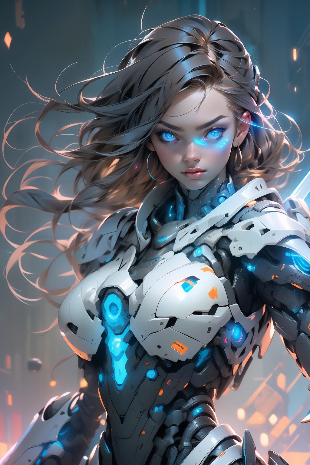 (masterpiece), (best quality), 1girl, cyborg girl, female warrior battle field, portrait, close-up shot, (blue glowing eyes), cyborg armor, white armor