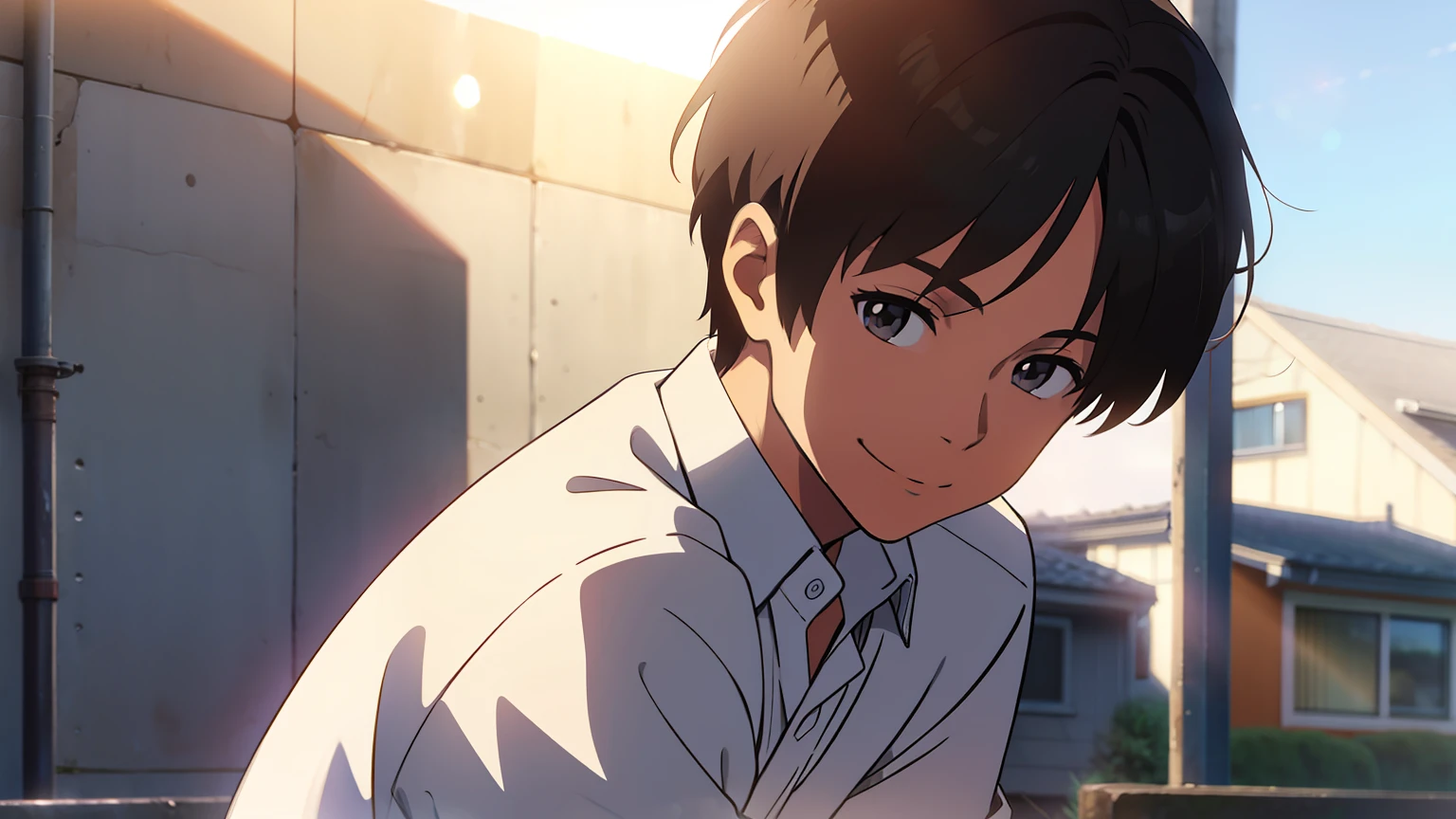 A boy with short hair,Wearing a white shirt,Smile in the sun