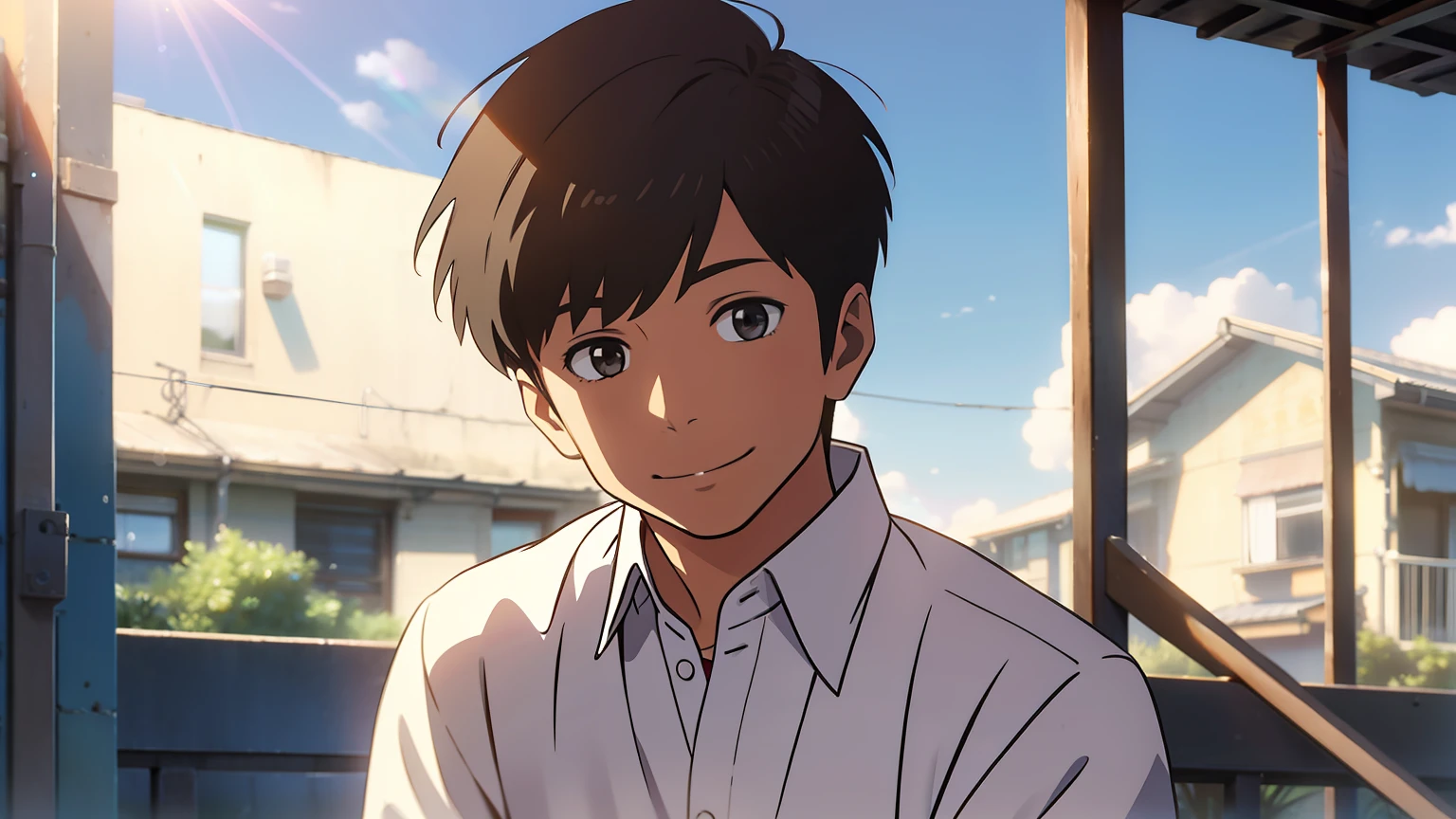 A boy with short hair，Wearing a white shirt，Smile in the sun