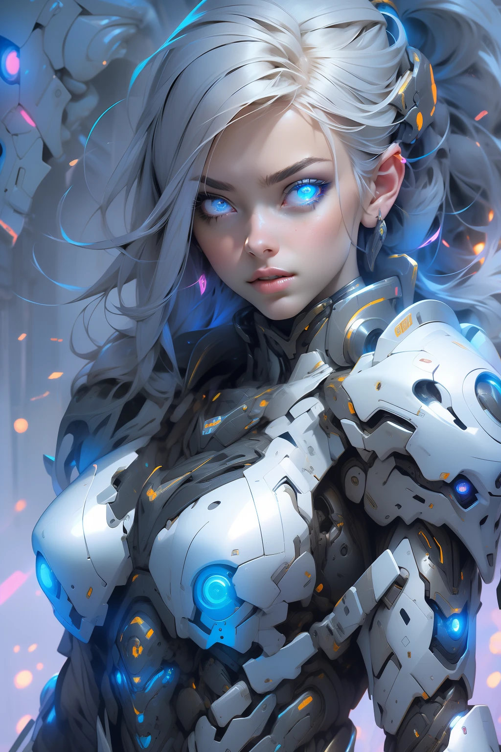 (masterpiece), (best quality), 1girl, cyborg girl, female warrior battle field, portrait, close-up shot, (blue glowing eyes), cyborg armor, white armor