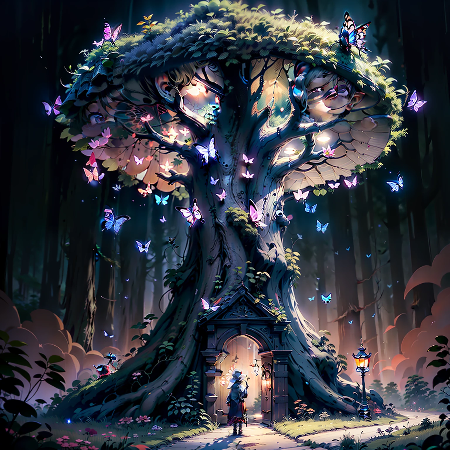 It's dark，Only butterflies are flying，tiny glowing butterflies，There is a giant glowing tree in the darkness，There is a small glowing door in the tree，The door has a butterfly wing pattern，The trees are full of red butterflies