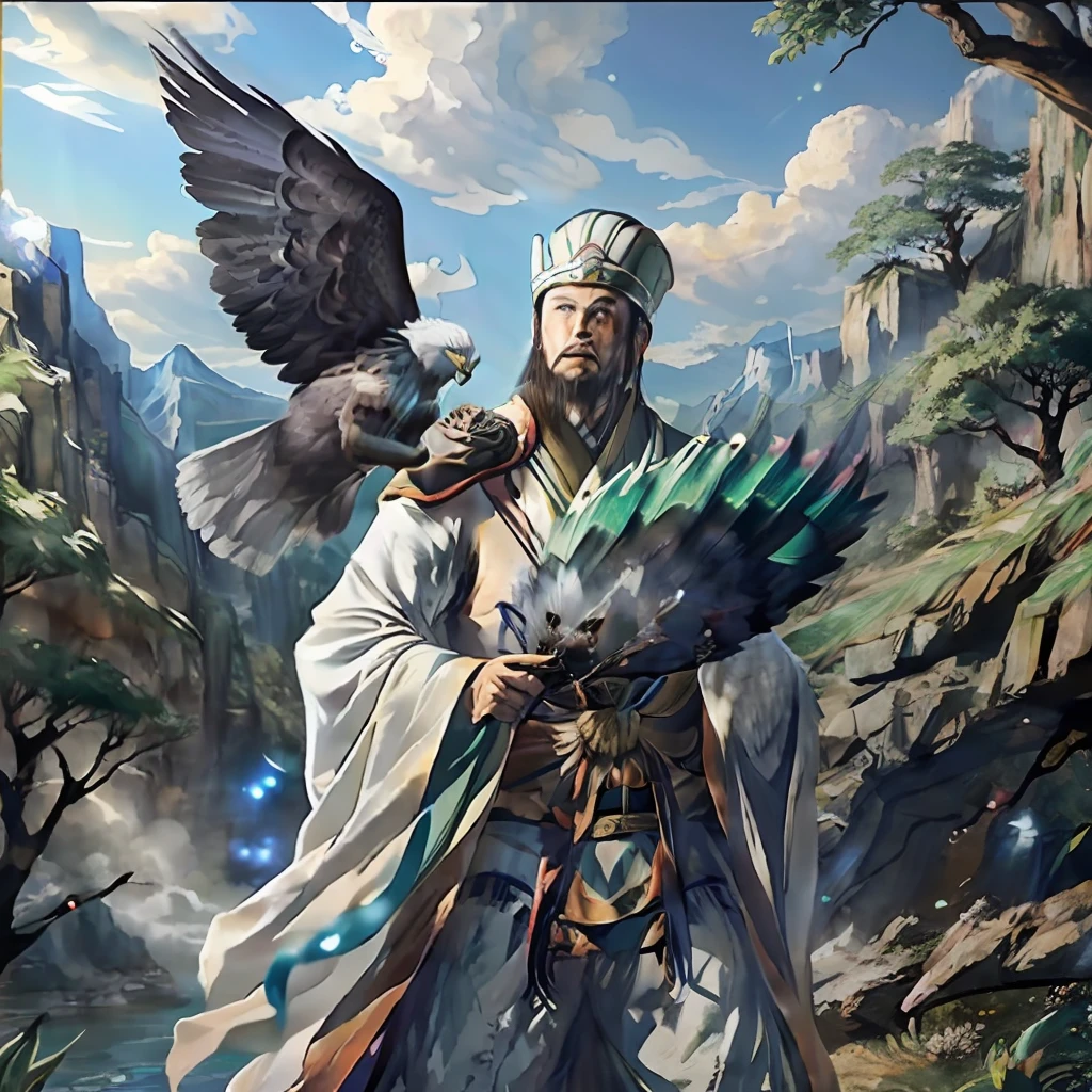 (8K, Raw photo, Best Quality, masutepiece:1.2), (Realistic, Photorealsitic:1.37), (Full body:1.3) , (hight resolution), A hyper-realistic, hyper realisitic, (40-year-old Chinese man), (high detailed face),Looking at Viewer, (Exquisitely detailed), Ultras_Color, (Realistic), High quality, ultra-detailliert, (real picture), (Realistic skin), (Intricate details),((Hasselblad photo)),
(Dramatic_light), (Beautiful_Detailed_light), Lens Flare, Ultras_Color, (Shining_Particle), (Bright_Dust_Particle),(((old))),Dynamic Angle, Solo, 1boy, (Kong Ming continues:1.3), (a beard),Chinese Traditional Hats,(((Retaining Feather Fan))), >,Posing for a photo, Eagle on the shoulder,(((Standing on a cliff, skyporn,Mountain and river trees ))),