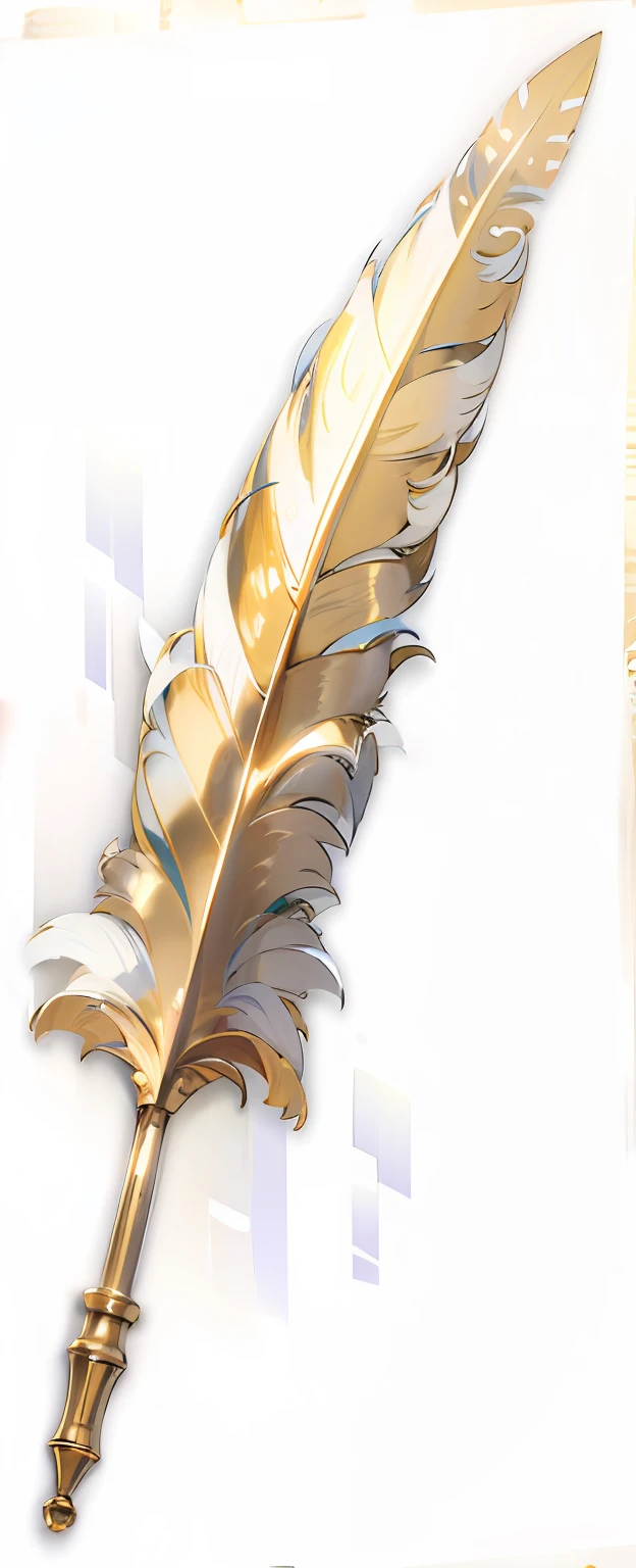 feather quill,Retro,feater,Plush texture,golden colored,white colors,nib,Movie lighting,higher details,delicated