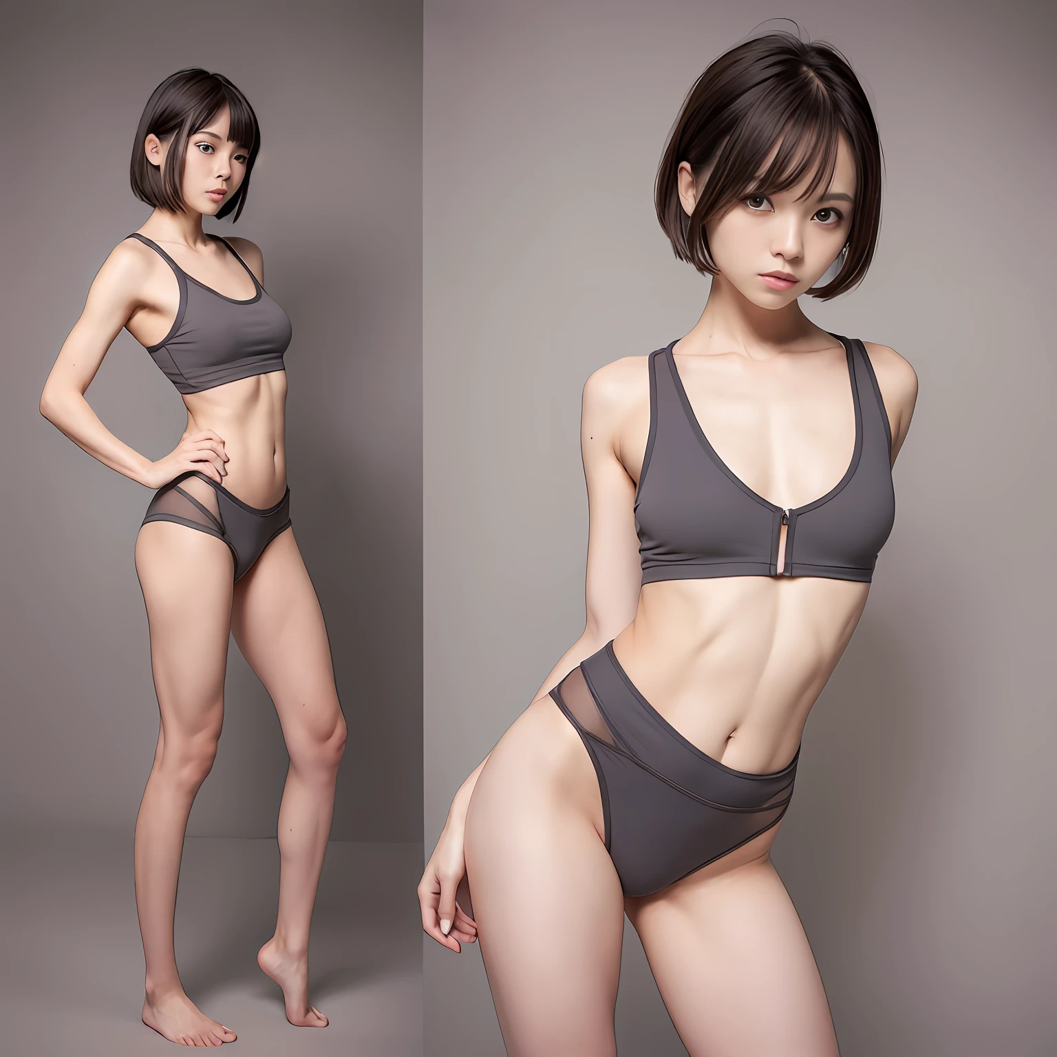 (Solo), (a detailed full-body RAW photo of a girl), (masutepiece:1.0), (Best Quality:1.4), (超A high resolution:1.2), (Photorealistic:1.4), 8K resolution, Canon EOS R5, 50 millimeters, absurderes, ultra-detailliert, (30 year old), Nipple Focus, Cinematic lighting, Detailed beautiful face, (no-makeup:1.2), (ulzzang -6500-v1.1), petite figure, Detailed skin texture, (flat chest:1.4), (skinny and fit body:1.6), Detailed brown hair, sweltering,(Very short hair:1.5), See Through wear, (dark gray thin athletic wear:1.5), More transparent, low rise, realistic glistening skin, Detailed texture, (No bra:1.5), stylish pose, (:0.2), Very small, Cameltoe, well-developed abs, erect nipples,