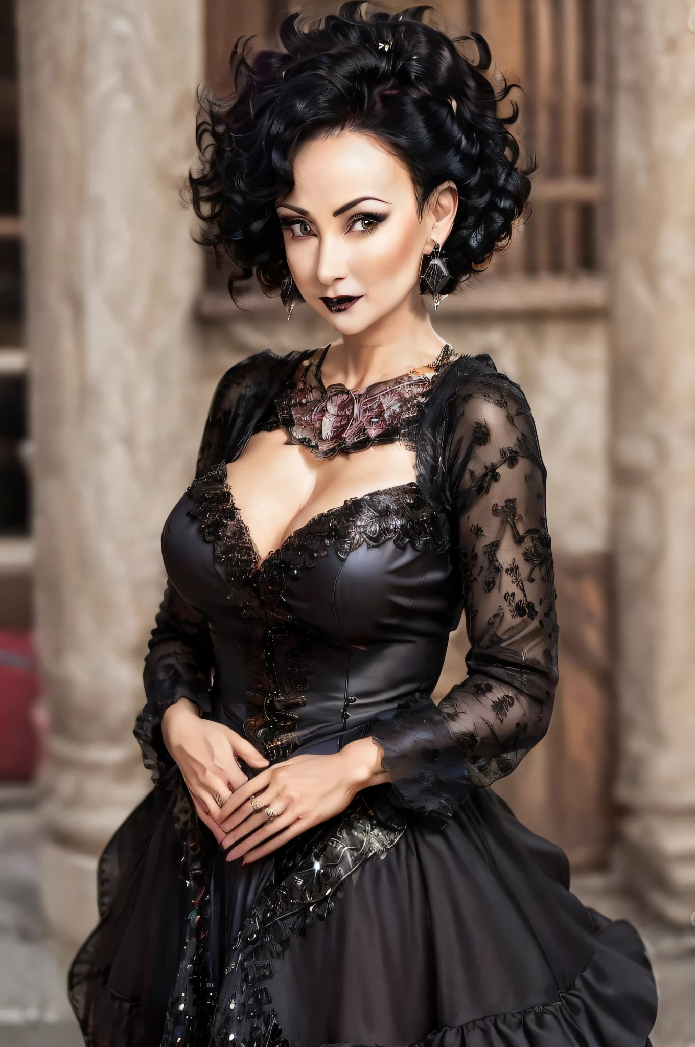 (mature woman:1.3), black curly hair, black lipstick, (fuffy short dress with sequins:1.1), earrings, ((masterpiece)), (high quality), (best quality), (detailed), hd, perfect lighting, detailed face, detailed body, goth, gothic