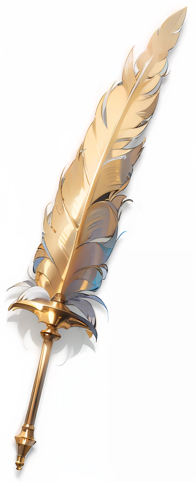 feather quill，Retro，feater，Plush texture，golden colored，white colors，nib，Movie lighting，higher details，delicated