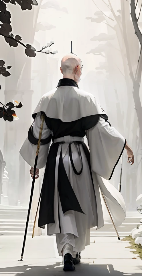 The back of the head of the bald head，long white robe，Back shadow，cane in hand，White long-distance running，White Hanfu，Pure white clothes，a cassock，Wearing a cassock，bald-headed，Pure white clothes