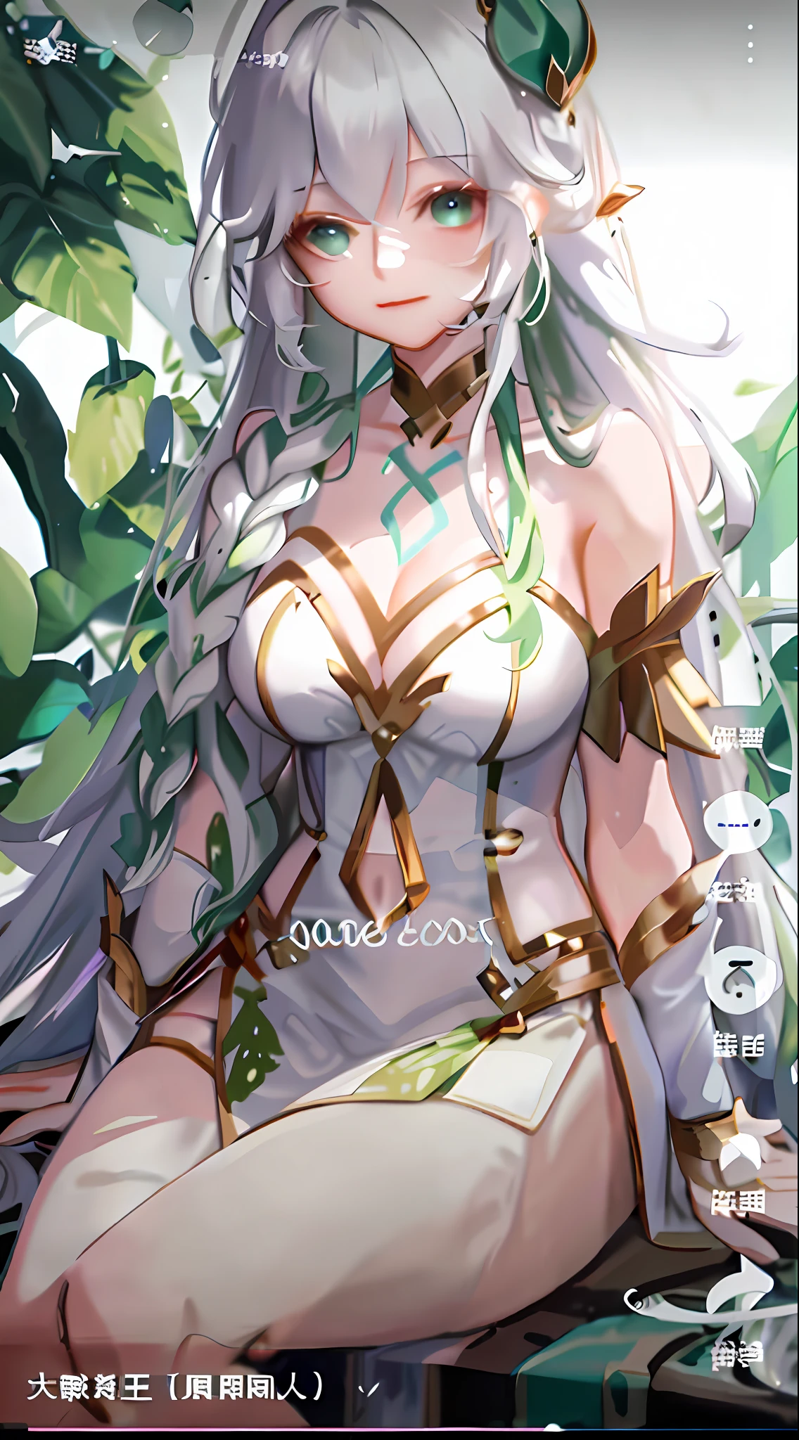 White evening dress，Green and white hair，Bare legged，Open navel，With a tiara，huge tit，