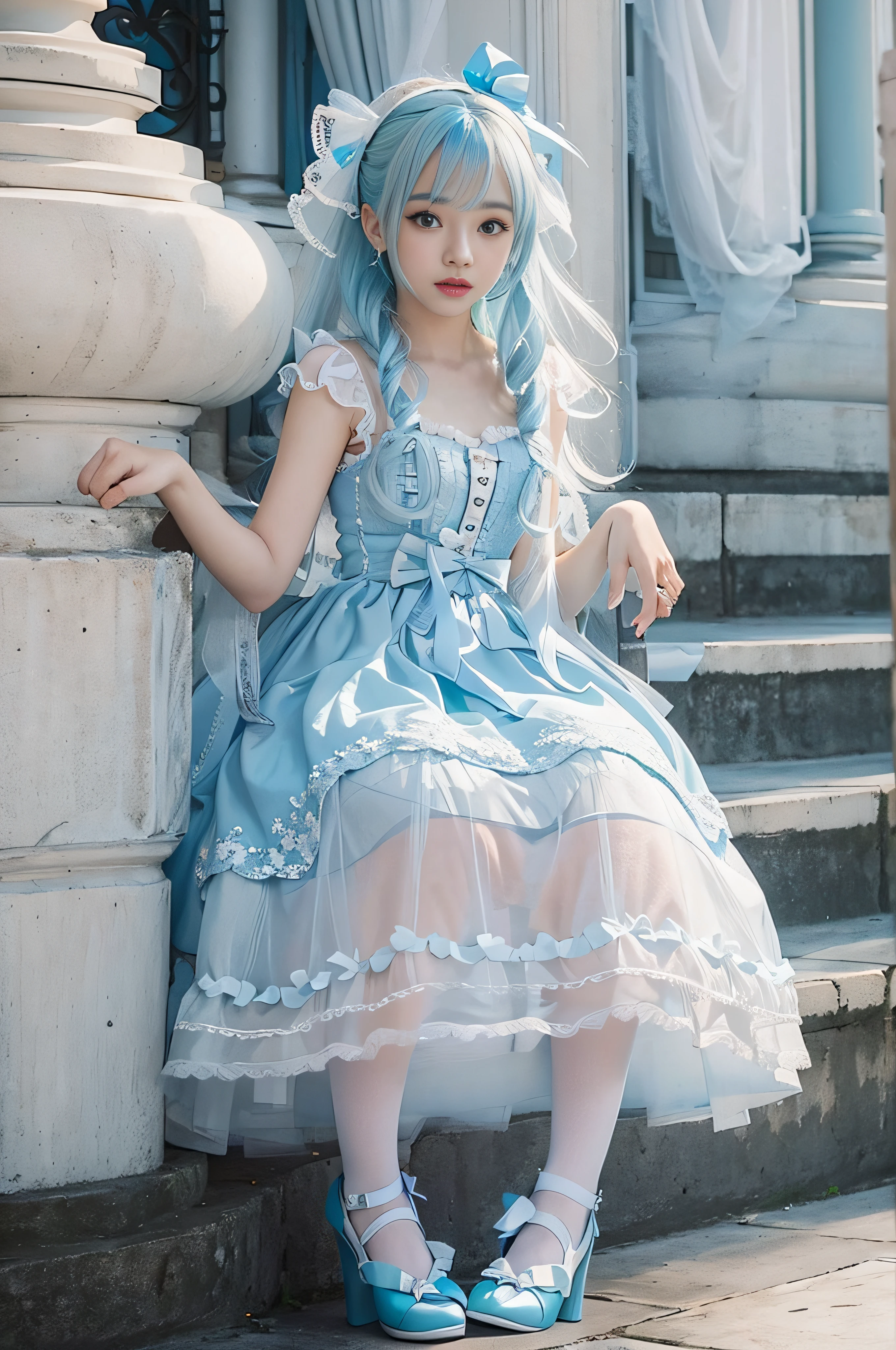 The appearance is very attractive, Wear a pair of light blue pantyhose，Wear it with a blue and white Lolita dress，Fair and delicate skin，The makeup on the face is elegant，The eyes are a pair of clear and bright blues，Her hair is light blue，waist-high，The whole person exudes a fresh and lovely atmosphere， old，Extremely realistic