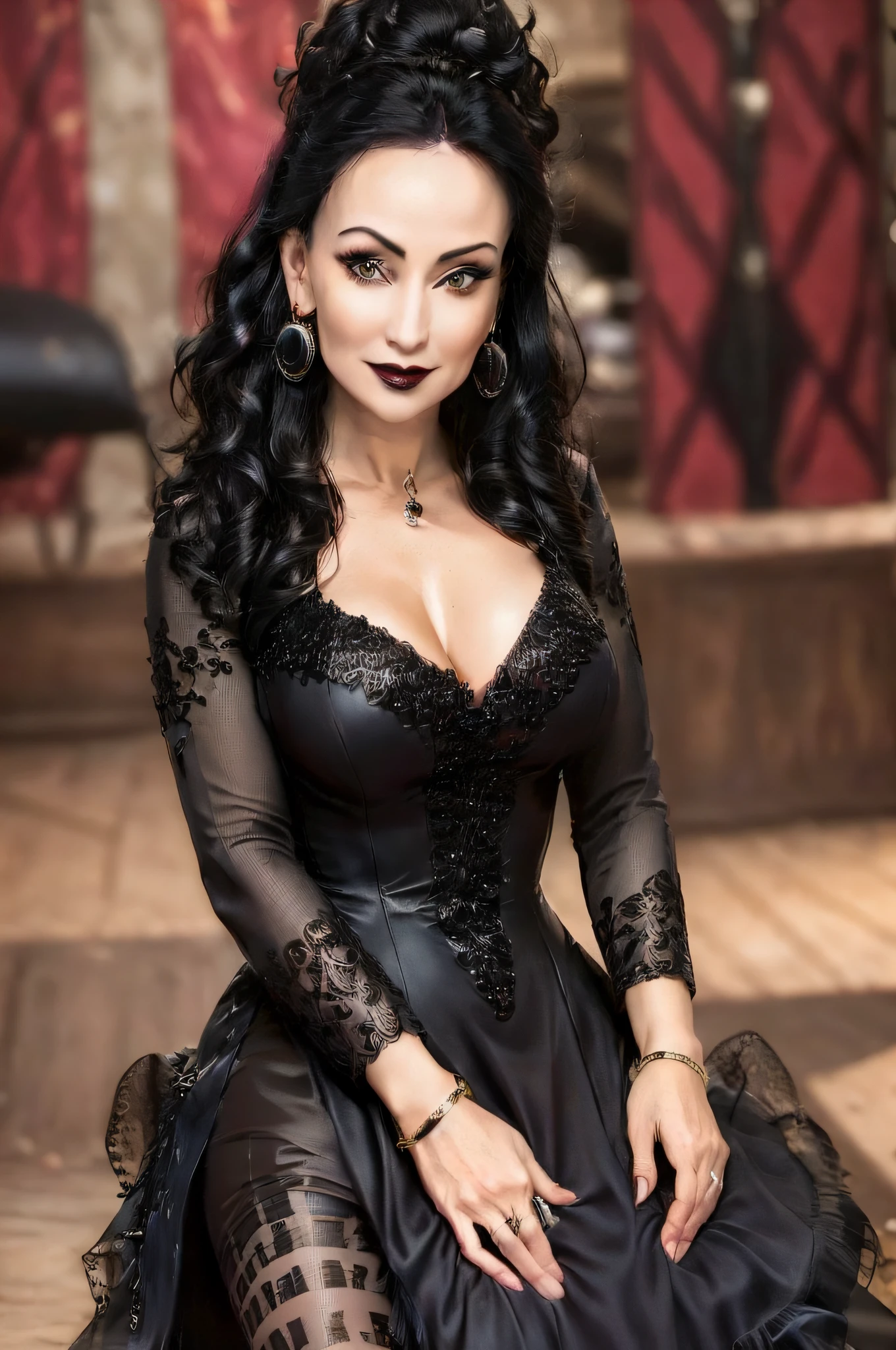 (mature woman:1.3), black curly hair, black lipstick, (fuffy short dress with sequins:1.1), earrings, ((masterpiece)), (high quality), (best quality), (detailed), hd, perfect lighting, detailed face, detailed body, goth, gothic