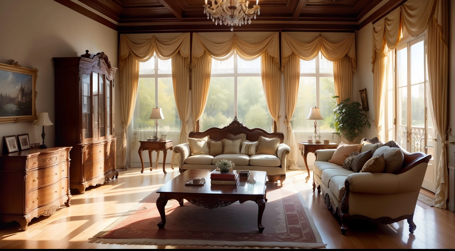 French style、Soft bed、coffee table、Bedside tables、vases、Suspended paintings、dressers、Square glass window、wooden furniture、wardrobe、Intricate carving、an oil painting。Warm colors、award winning masterpiece with incredible details、huge window --v 6