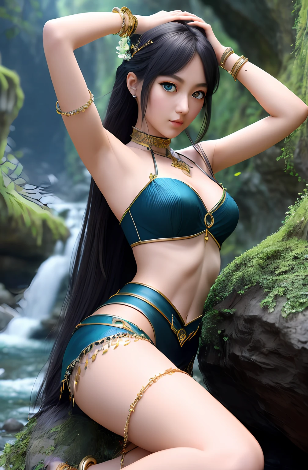 ((Realistic:1.5)),Ulzzang-6500:1.4,((Best quality)), ((Masterpiece)),((Detailed)),2girls,duo,{2 beautiful women}, (Upper body:1.3),Hug and touch each other, Tease your friend's waist, Breathless friends, Biting a friend's earlobe, crouched,super wide shot,Face focus, Long legs,Curvy, Barefoot,Wide hips, Thin legs, Oversized eyes,Long eyelashes, (Detailed face,beautidful eyes, detailedpupils,detailed clothes features, Clear background:1.3), (armlets, bangle:1.3), Mysterious ancient ruins, floresta exuberante, Deep canyon,bridge,River,cliff,Cloud,lakes,Rock music,Waterfalls, Flowers, Grass,grape trees,tree,bright detail,Sharp,Perfect compounding, Intricate, Sharp focus, Dramatic,