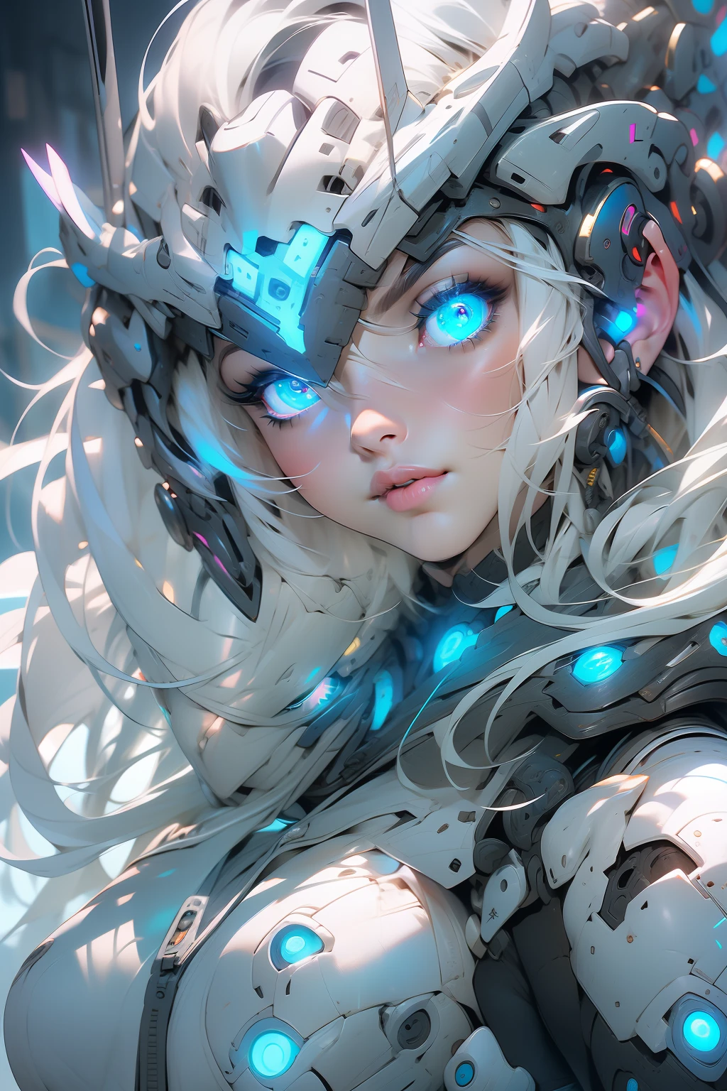 (masterpiece), (best quality), 1girl, cyborg girl, female warrior battle field, portrait, close-up shot, (blue glowing eyes), cyborg armor, white armor