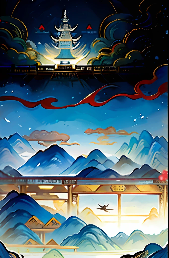 An ancient Chinese painting, Ancient Chinese background, mountain ranges, rios, Auspicious clouds, Pavilions, rays of sunshine, tmasterpiece, super detailing, Epic composition, hyper HD, high qulity, extremely detaile, offcial art, 统一 8k 壁纸, super detailing, Tang dynasty style,People in pictures,Painting China