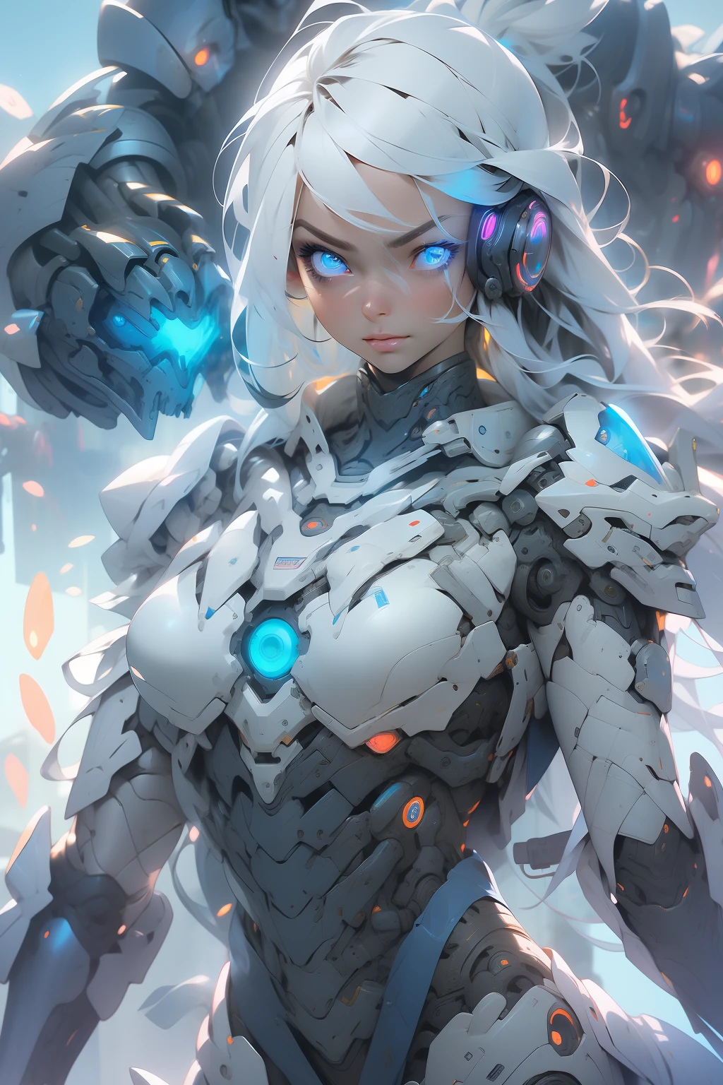 (masterpiece), (best quality), 1girl, cyborg girl, female warrior battle field, portrait, close-up shot, (blue glowing eyes), cyborg armor, white armor