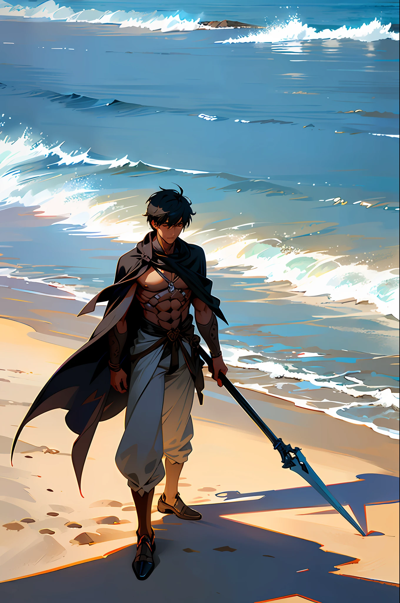 (Extremely detailed and high-quality illustrations),(Best lighting and shadow effects, Ultra-realistic),beachside, sandbeach，Dark  skin，Handsome young man with short hair, Look at the sea with a contemplative expression,musculature，Arm mech，（Weapon in hand），（Cloak）