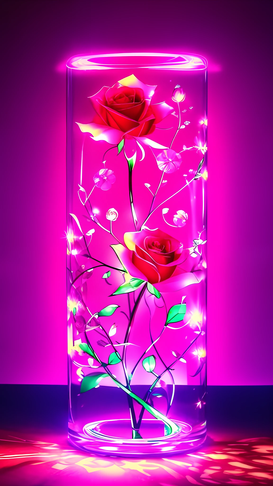 There is a glass vase on the table,There are two roses inside, beautiful flowers and crystals, Beautiful wallpaper, Magical flowers, Glowing flowers, magical colorful flowers, beautiful iphone wallpaper, hd phone wallpaper, Amazing wallpapers, phone wallpaper hd, Luminous flowers, Wallpaper phone, glass flowers, beautiful hd, wallpaper hd, decorative roses, beatiful background, Red neon rose