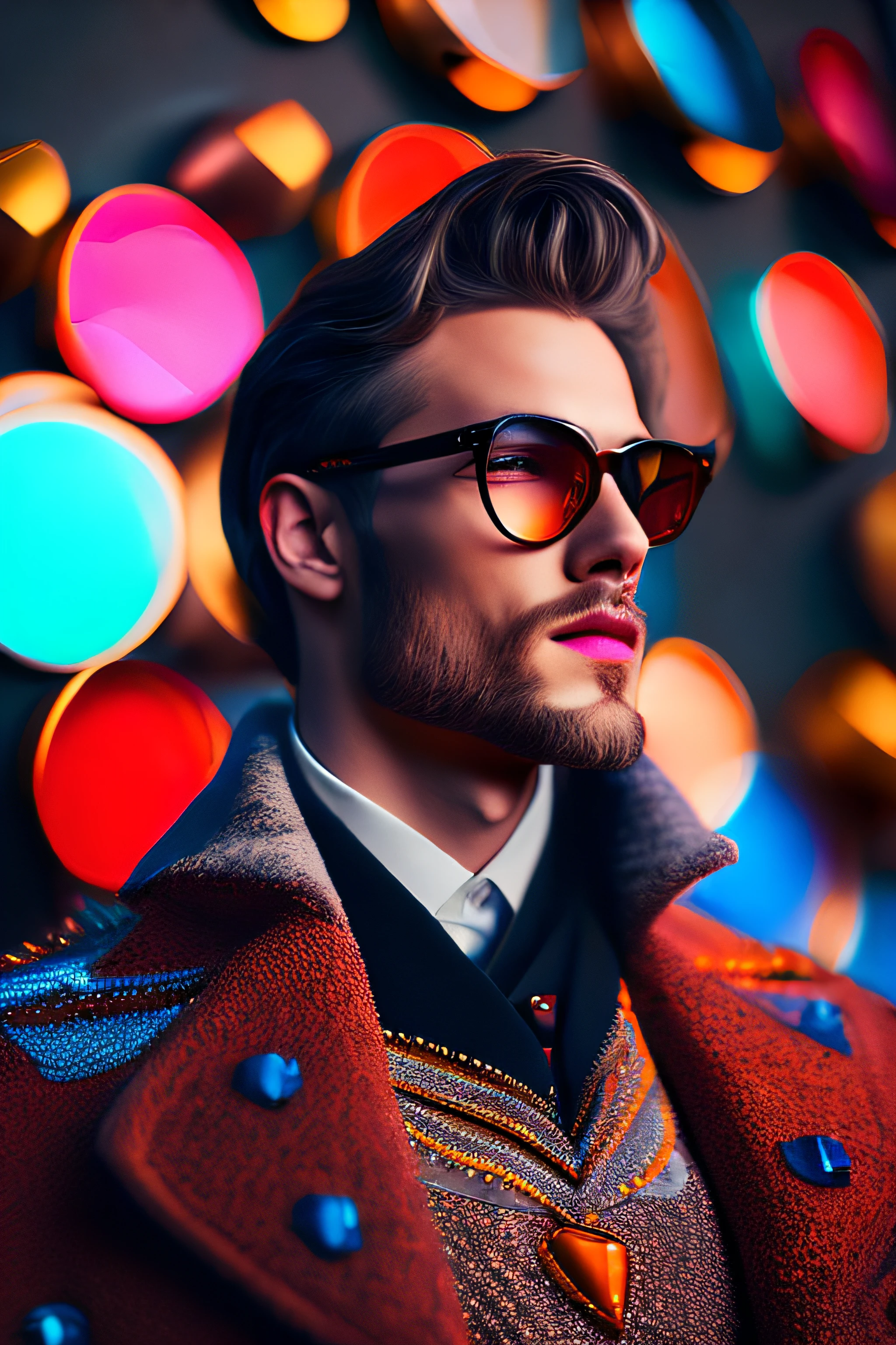 (German man fashionista portrait, idoso, barba branca grande, muito eLegante, 1950s with intricate colored and colored glasses), cabelo fofo colorful, expression serious (fotografia digital extremamente detalhada: 1.2), Standing in the middle of the city, (((corpo inteiro))), imagem crua,, Hasselblad, 50asa, f8, 12 millimeters, efeitos de brilho, Raios de Deus, handdrawn, prestar, 8k, octan render, Cinema 4D, liquidificador, Escuro, atmospheric 4k ultra detailed, cinematic sensual, foco nítido, humorous illustration, grande profundidade de campo, obra-prima, cores, 3d octane render, 4k, arte conceitual, trending in the artstation, hiper realista, cores vivas, Anel luminoso, extremamente detalhado CG unidade de papel de parede 8k, trending in artstation, trend in CGSociety, estilo Pop Art por Erik Madigan Heck, intrincado, alto detalhe, Dramatic , energia pura, light particles, scientific fiction