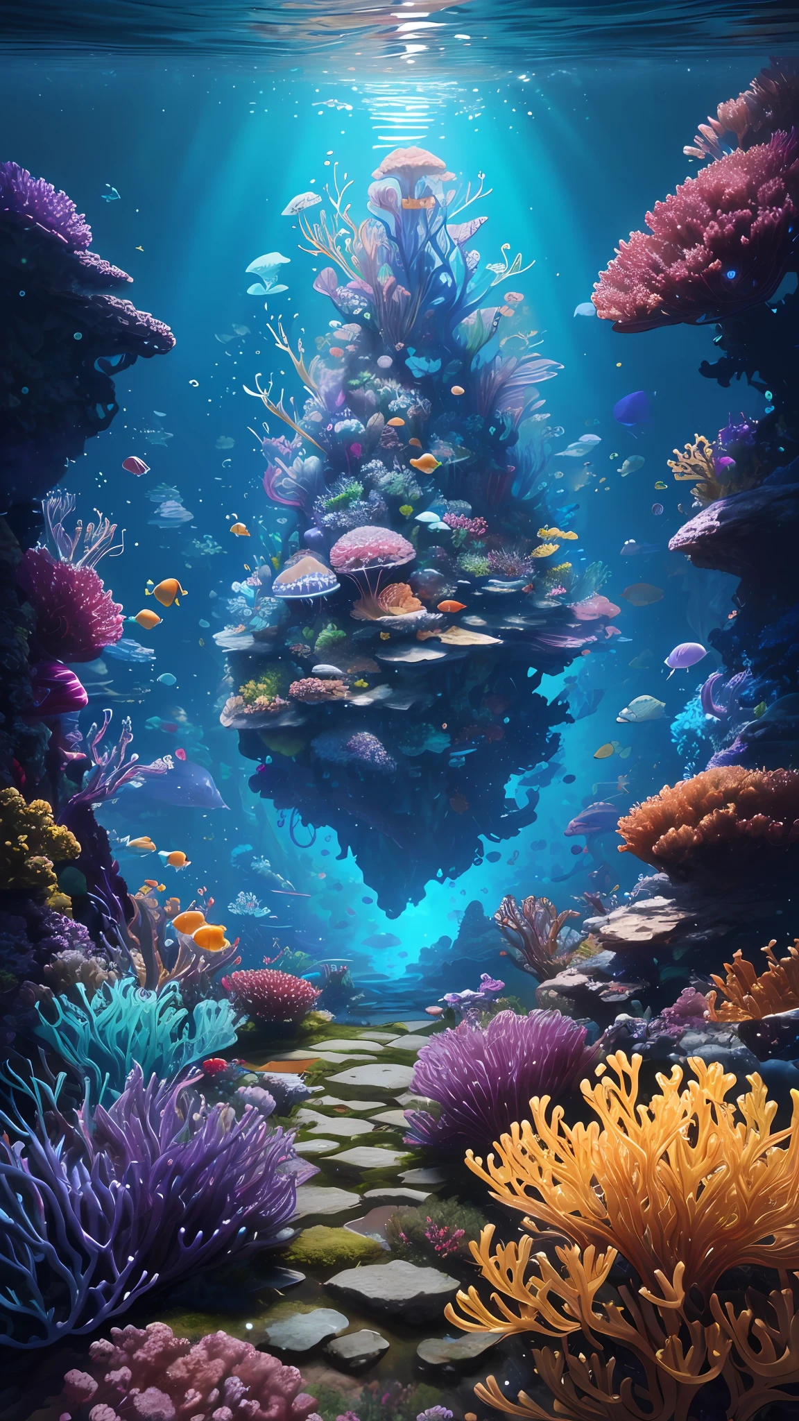 ((perspective)) microscopic world, vista, underwater fantasy,((masterpiece)), best quality, high quality, ((extremely detailed CG unity 8k wallpaper)),(fantasy), complex background, underwater fantasy world, fish school, Glowing jellyfish, colorful, (abyss)), staggered stone platforms in the abyss, glowing undersea plants, 3D digital painting, award winning photography, bokeh, depth of field, HDR, chromatic aberration, photorealistic, extremely detailed, artstation Trends on CGsociety, Intricate, High Detail, dramatic, art by midjourney, --v 6