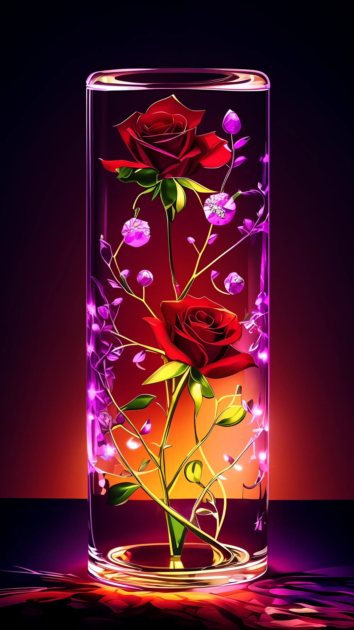 There is a glass vase on the table，There are two roses inside, beautiful flowers and crystals, Beautiful wallpaper, Magical flowers, Glowing flowers, magical colorful flowers, beautiful iphone wallpaper, hd phone wallpaper, amazing wallpapers, phone wallpaper hd, Luminous flowers, Wallpaper phone, glass flowers, beautiful hd, wallpaper hd, decorative roses, beatiful background, Red neon rose