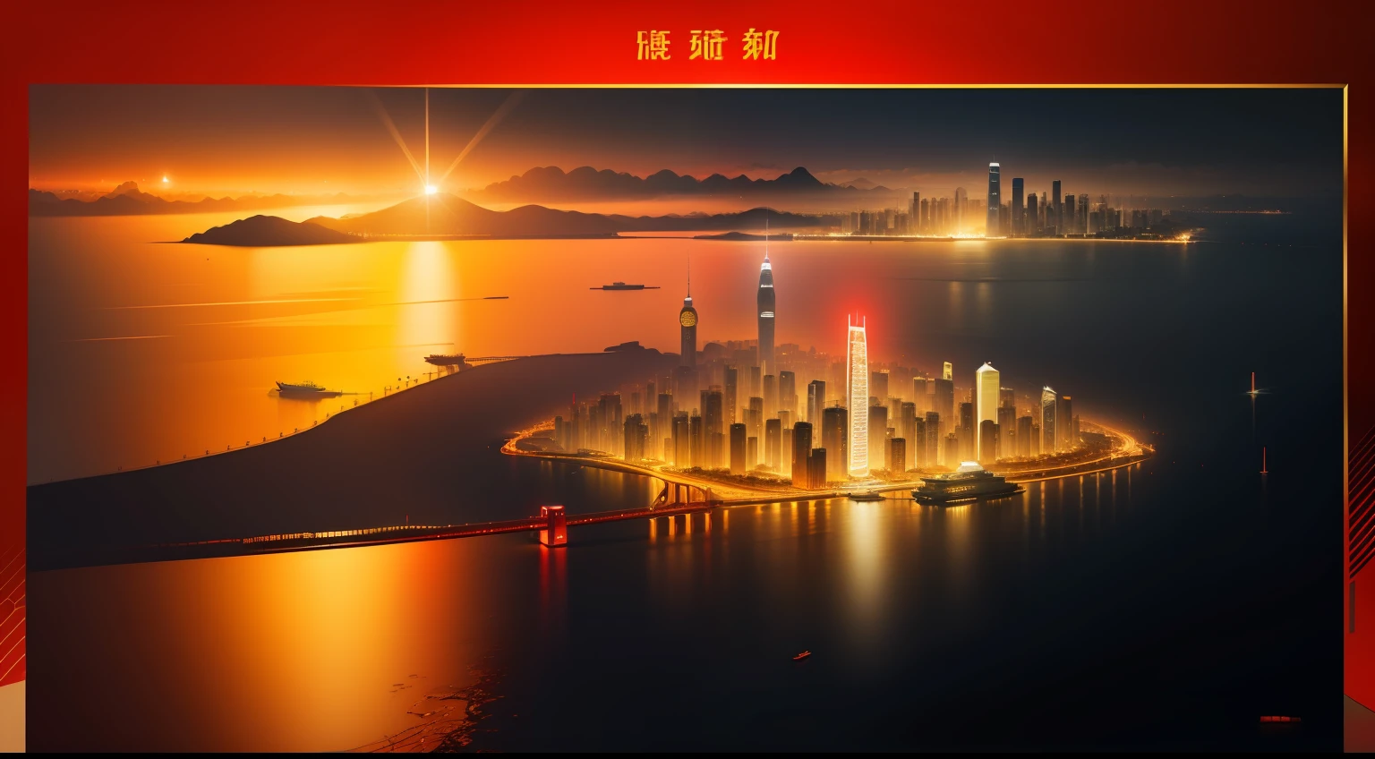 Bright red basemap,brimming with gold,City silhouette,Faraway view,There is a yellow light shining in the back,abstract pictures,Guangdong-Hong Kong-Macao Greater Bay Area