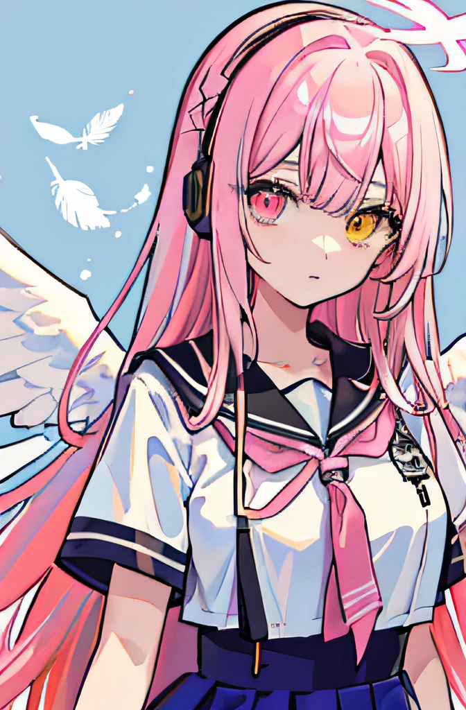 schoolgirls, teens girl, angelicales, Absurdly long hair, Pink hair, Dull hair, dual horsetail, By bangs,Star hair ornaments, angelic halo,view the viewer, hearts in eyes, Red-yellow heterochromic pupils , catss_hor ears, Gradient color eyes, Large breasts, Japanese-style school uniform,white stockings, looking at me, headphones around their necks, holdingsword, Pink sword,Fly in the air,white wings on back,Full of feathers