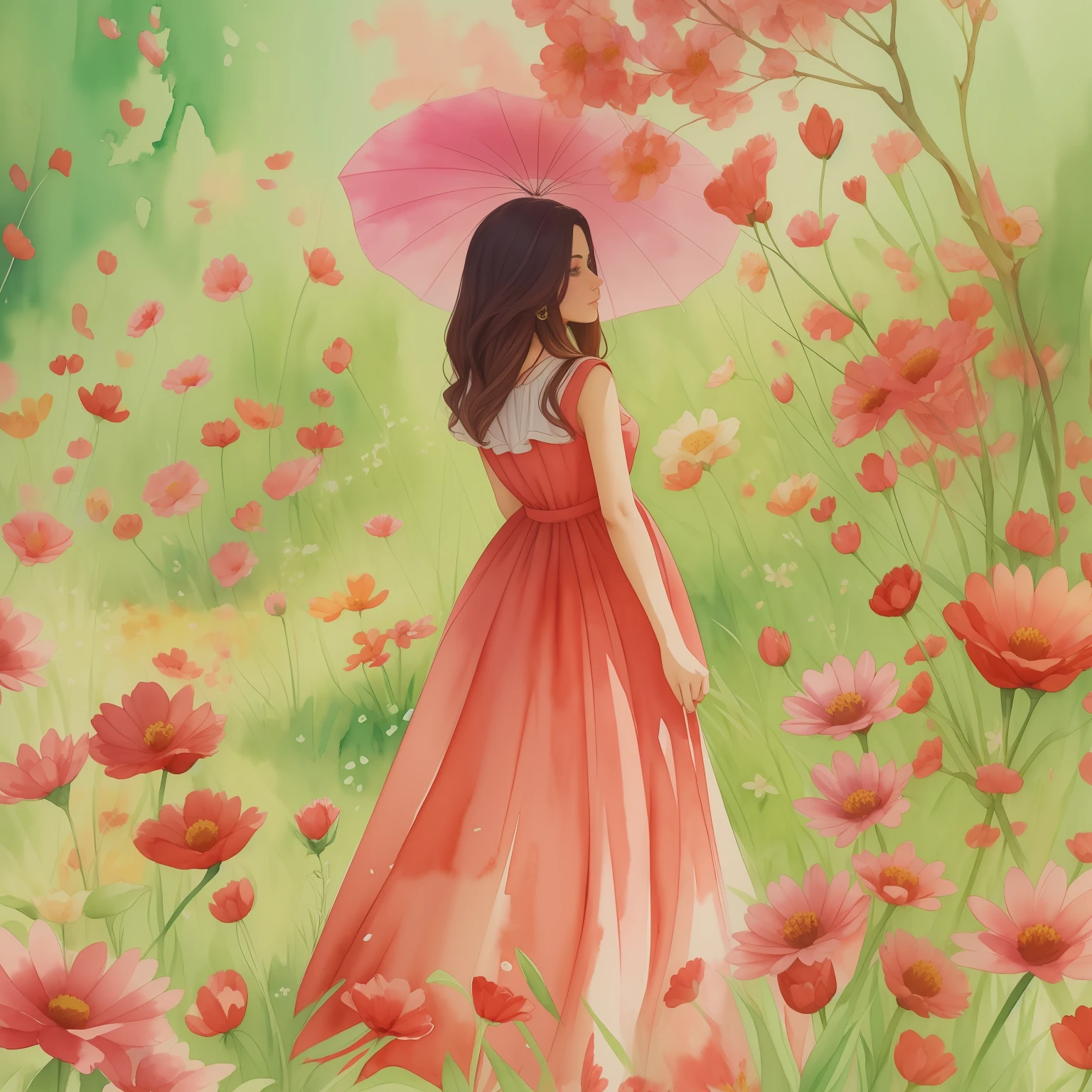 pintura de uma mulher em um vestido vermelho caminhando por um campo de flores, watercolor beautiful illustration