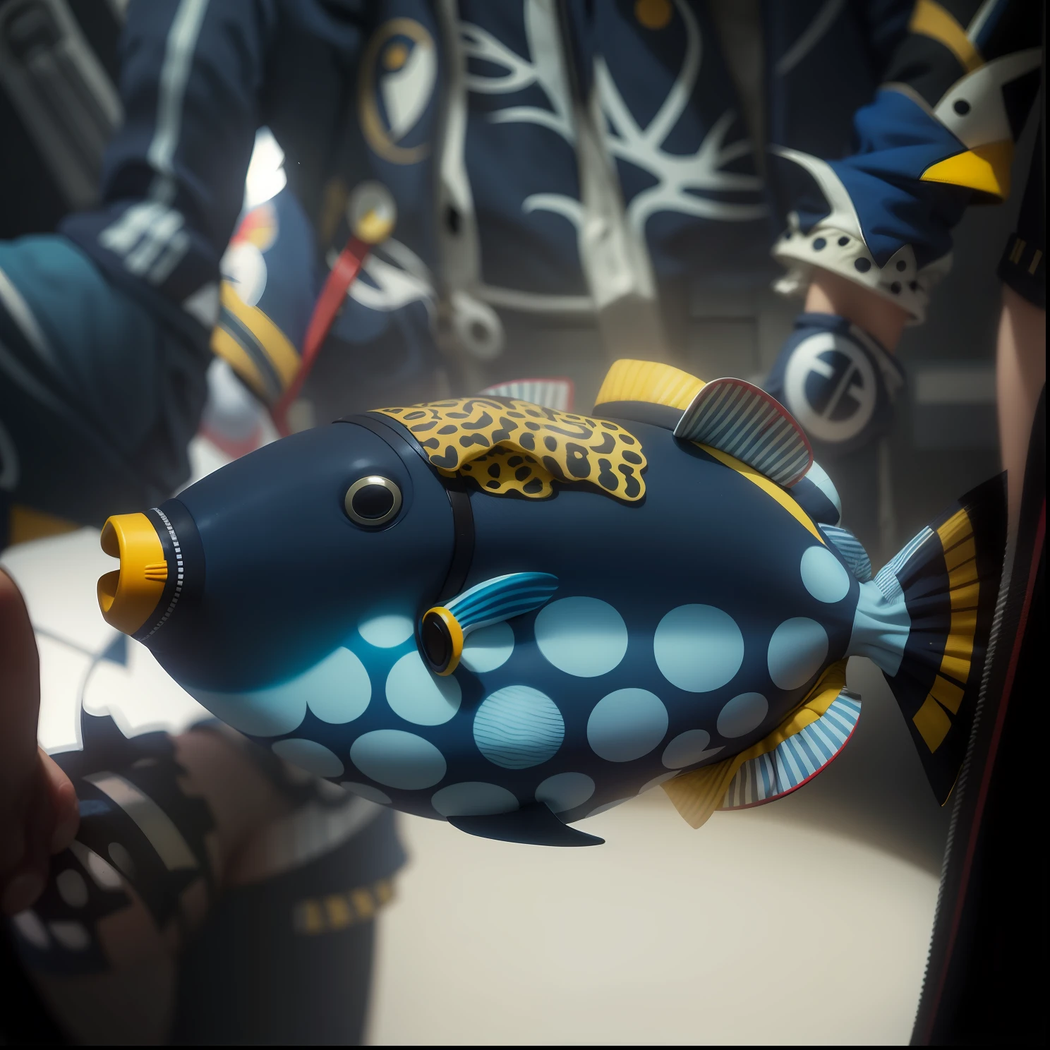 Uma jaqueta bomber, navy blue with white circles and yellow lameness in small parts, jacket inspired by tiger clown fish design,, Clown Triggerfish (Balistoides conspicillum)