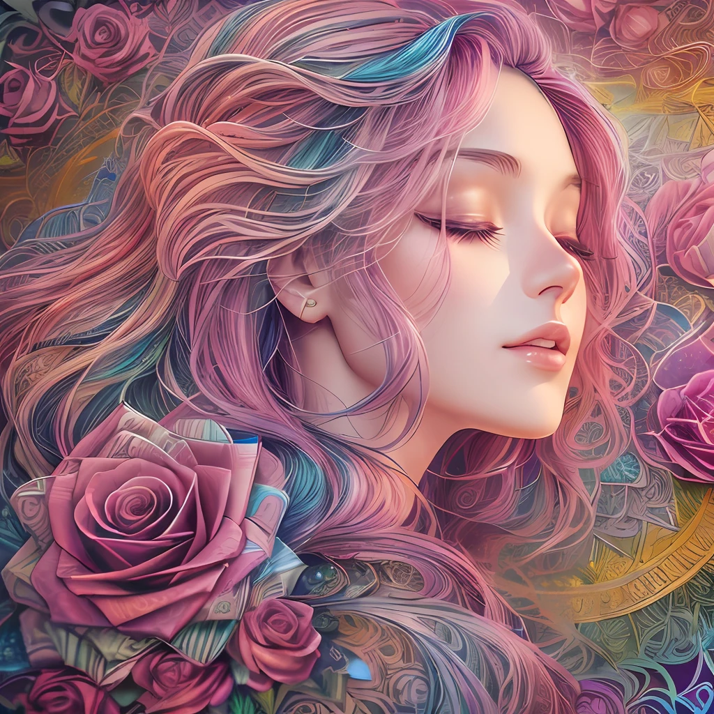(Best quality, Masterpiece), 1girll, Reading a book, Particle, Wind, flower, Upper body, Simple background, view the viewer, rainbow colour hair, Teal flowing skirt, cosmic, Starcloud, milky ways